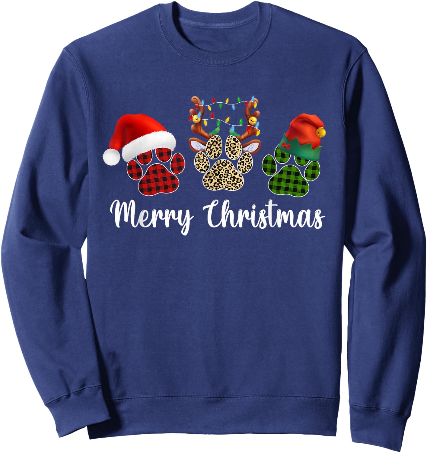 Merry Christmas Dog Paws Buffalo Plaid Leopard Santa Xmas Sweatshirt - Sweatshirt | Navy