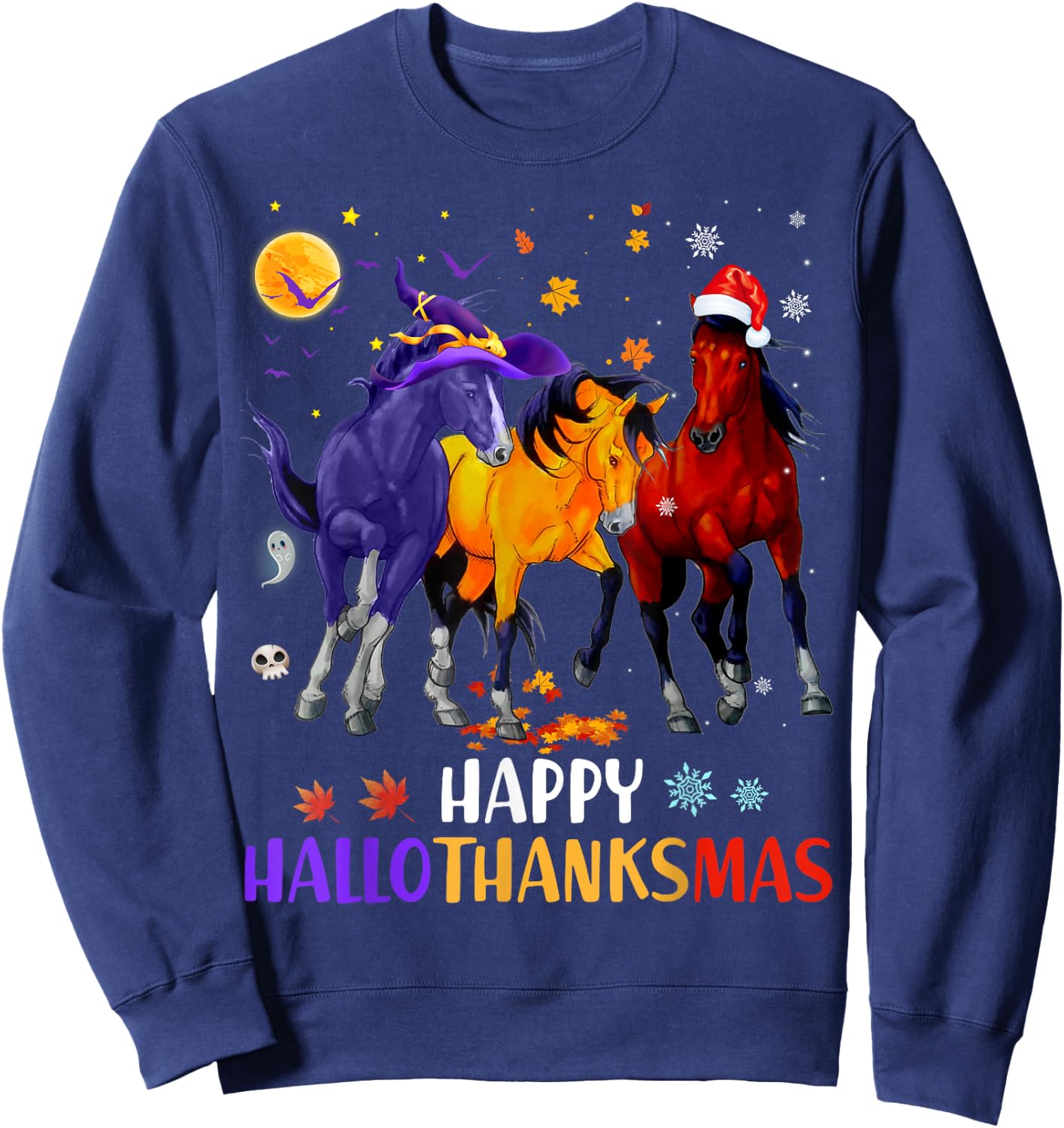 Happy Hallothanksmas Horse Halloween Thanksgiving Christmas Sweatshirt - Sweatshirt | Navy