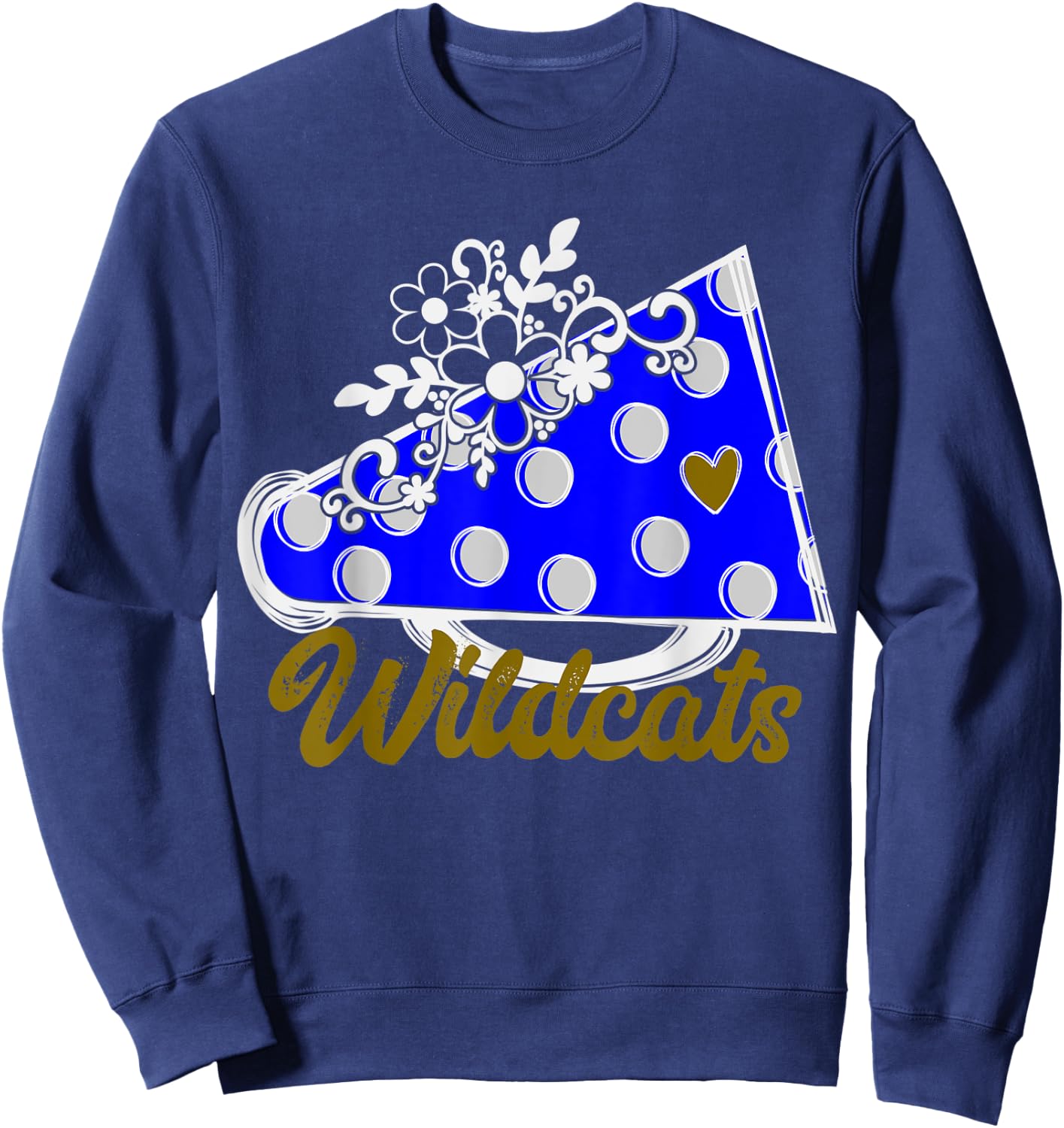 Cheer WILDCATS Shirt, Blue Megaphone Heart Flower Accent Sweatshirt - Sweatshirt | Navy