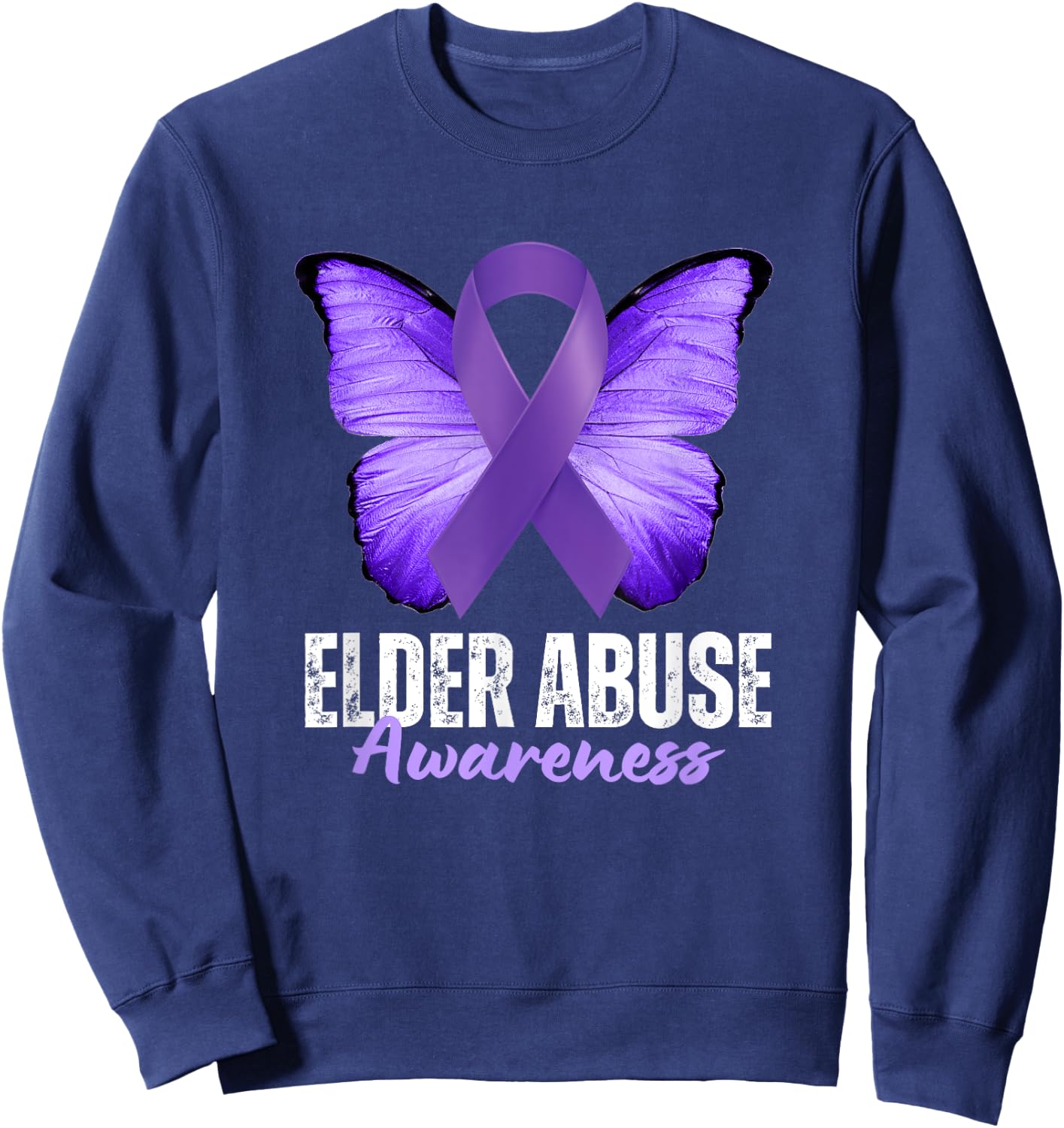 Elder Abuse Awareness Month Purple Butterfly Ribbon Sweatshirt - Sweatshirt | Navy
