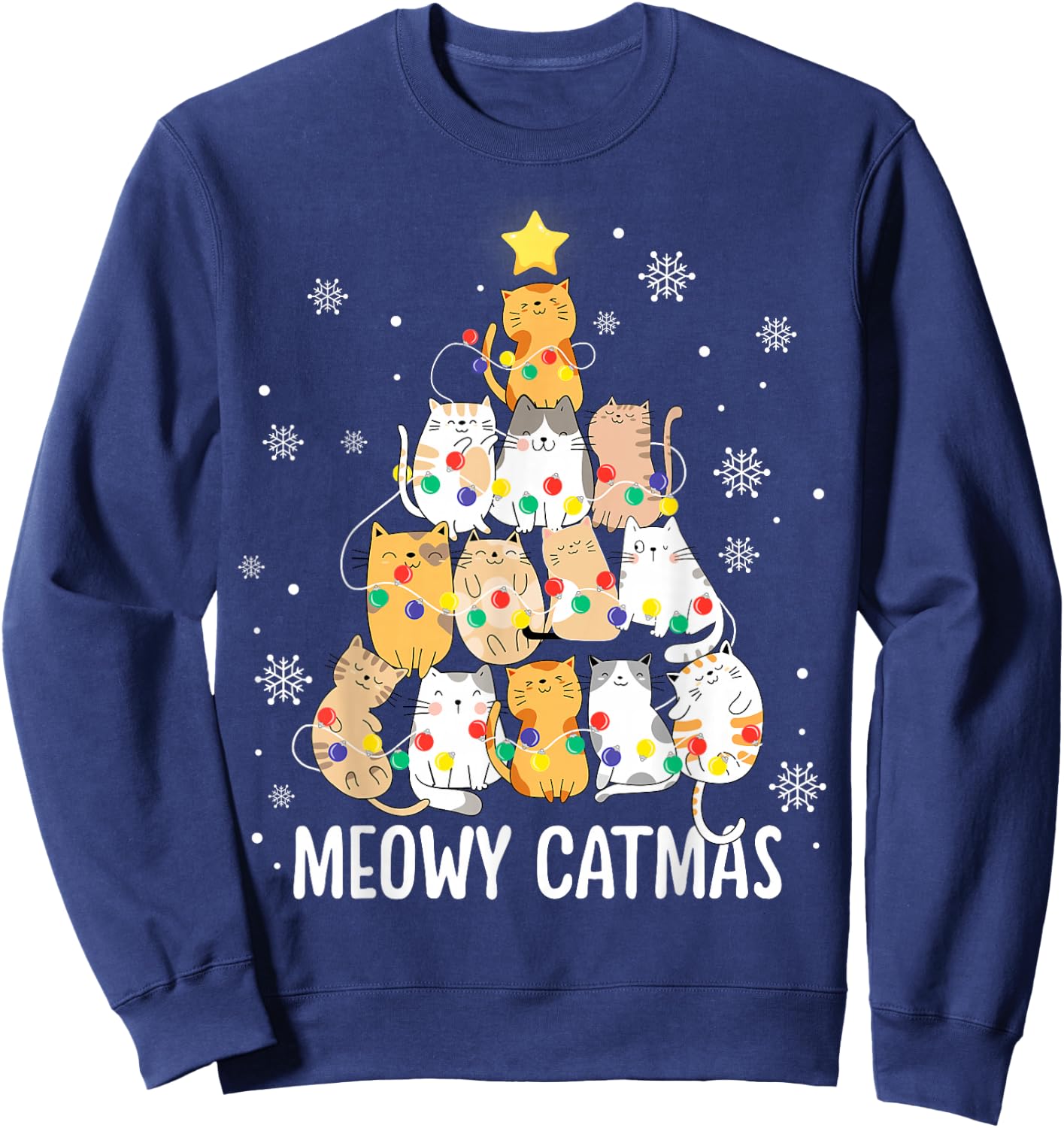 Meowy Catmas Cat Christmas Tree Lights Kitten Xmas Cat Lover Sweatshirt - Sweatshirt | Navy