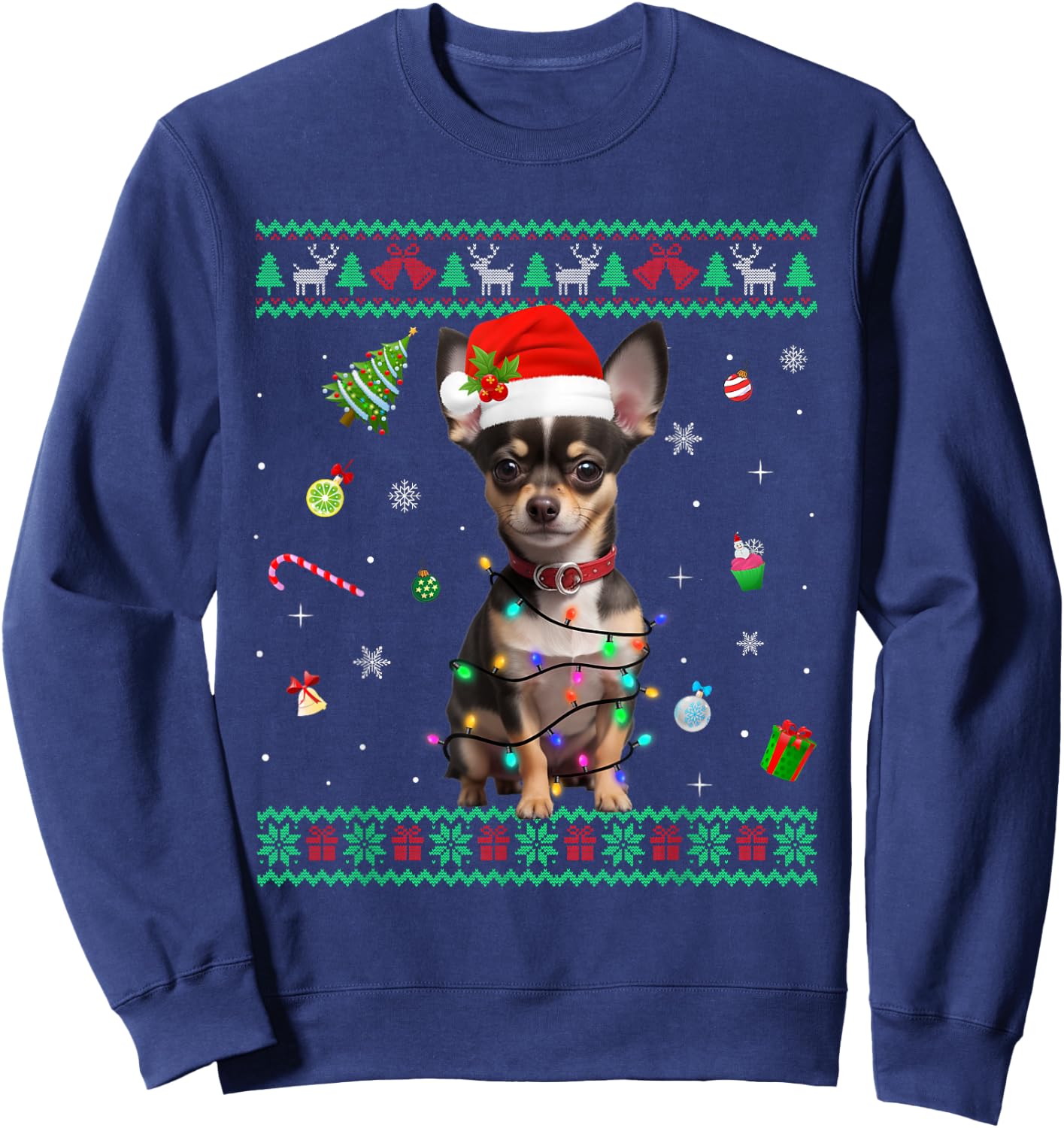 Ugly Sweater Chihuahua Dog Christmas Lights Santa Hat Men Women Kids Sweatshirt - Sweatshirt | Navy