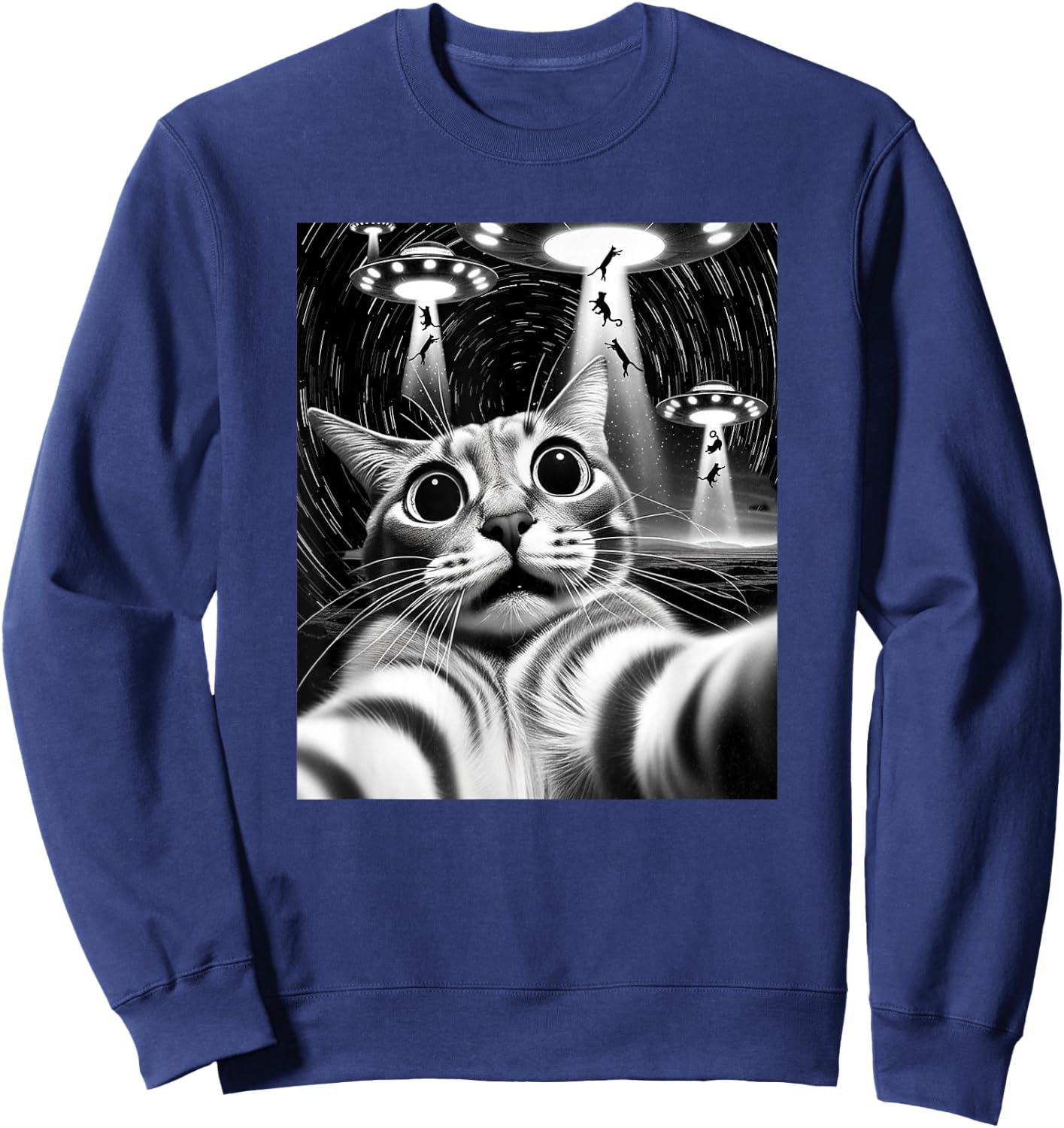 Cat UFO Invasion | Funny Cat Meme Retro Alien Cat UFO Selfie Sweatshirt - Sweatshirt | Navy