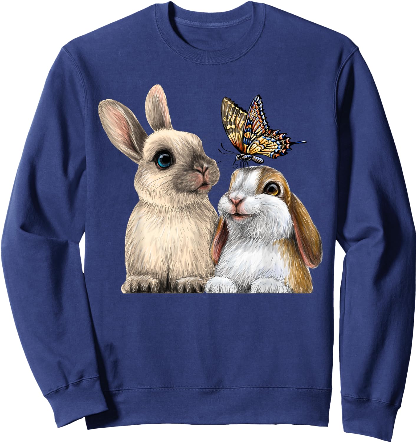 two cute Little rabbits with a butterfly for lovers Bunny Sweatshirt - Sweatshirt | Navy