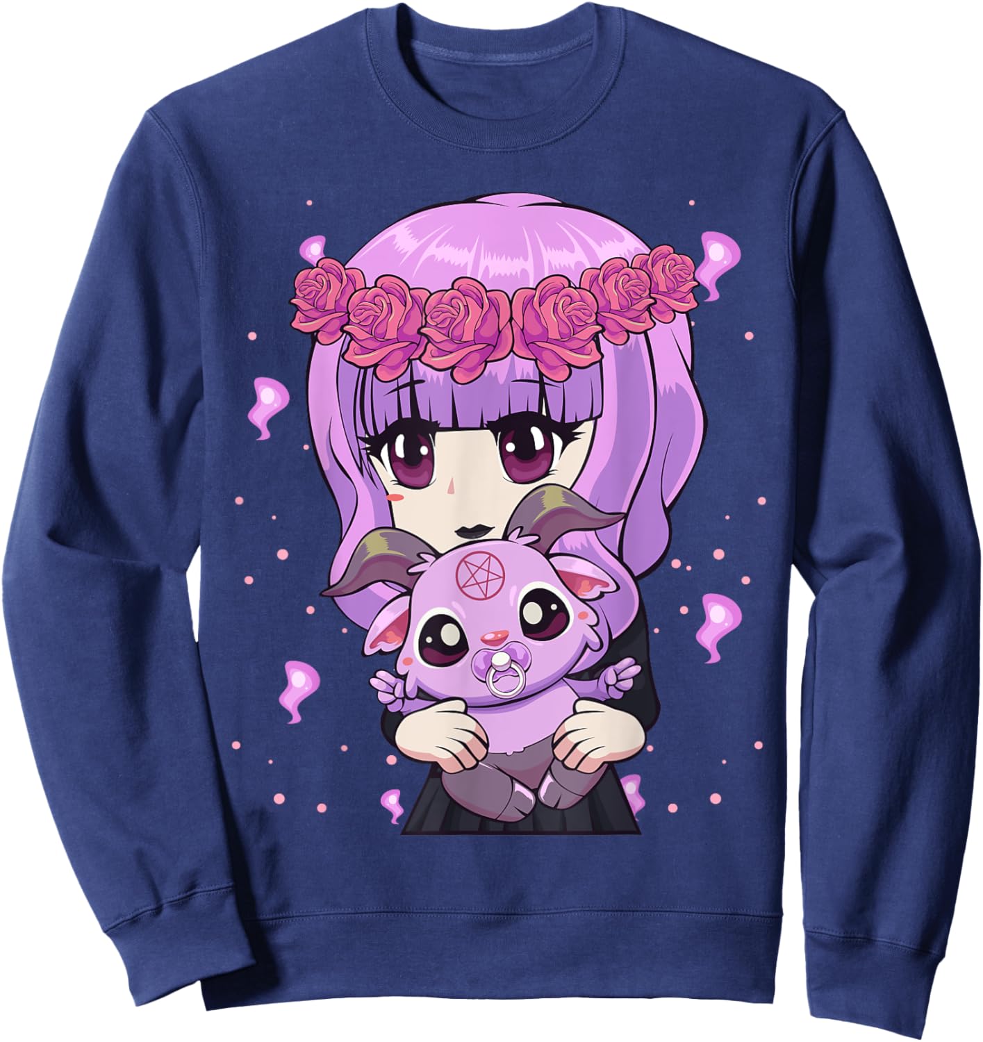 Anime Kawaii Pastel Goth Girl with Cute Baby Baphomet Sweatshirt - Sweatshirt | Navy
