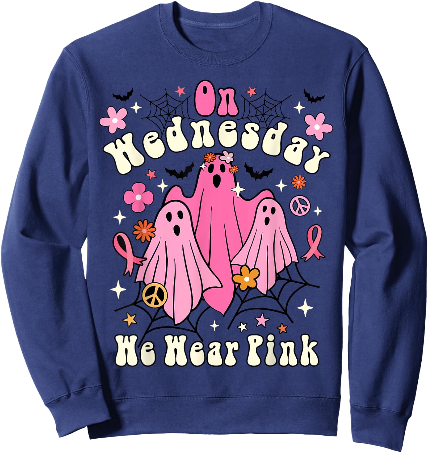On Wednesday We Wear Pink Ghost Halloween Breast Cancer 2022 Sweatshirt - Sweatshirt | Navy
