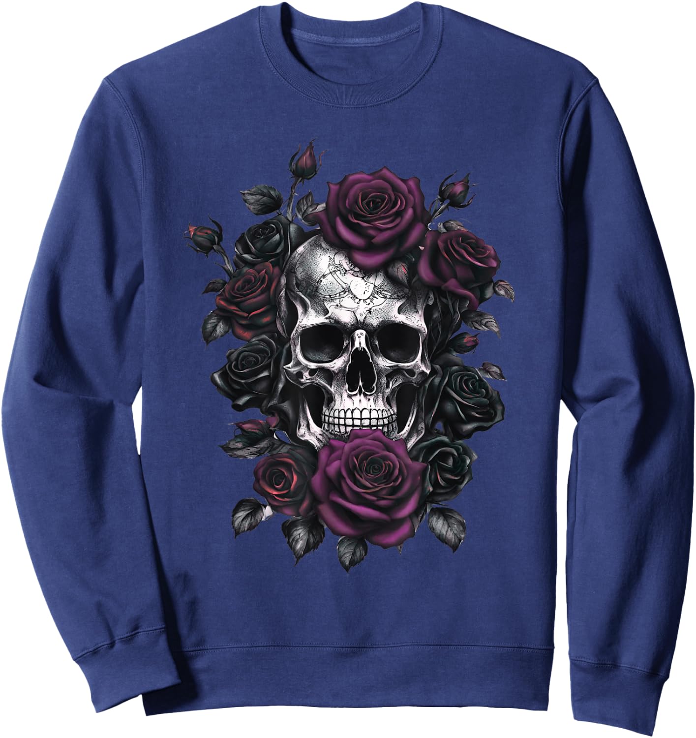 Skeleton Metalhead Skulls and Roses Metal Rock Purple Roses Sweatshirt - Sweatshirt | Navy