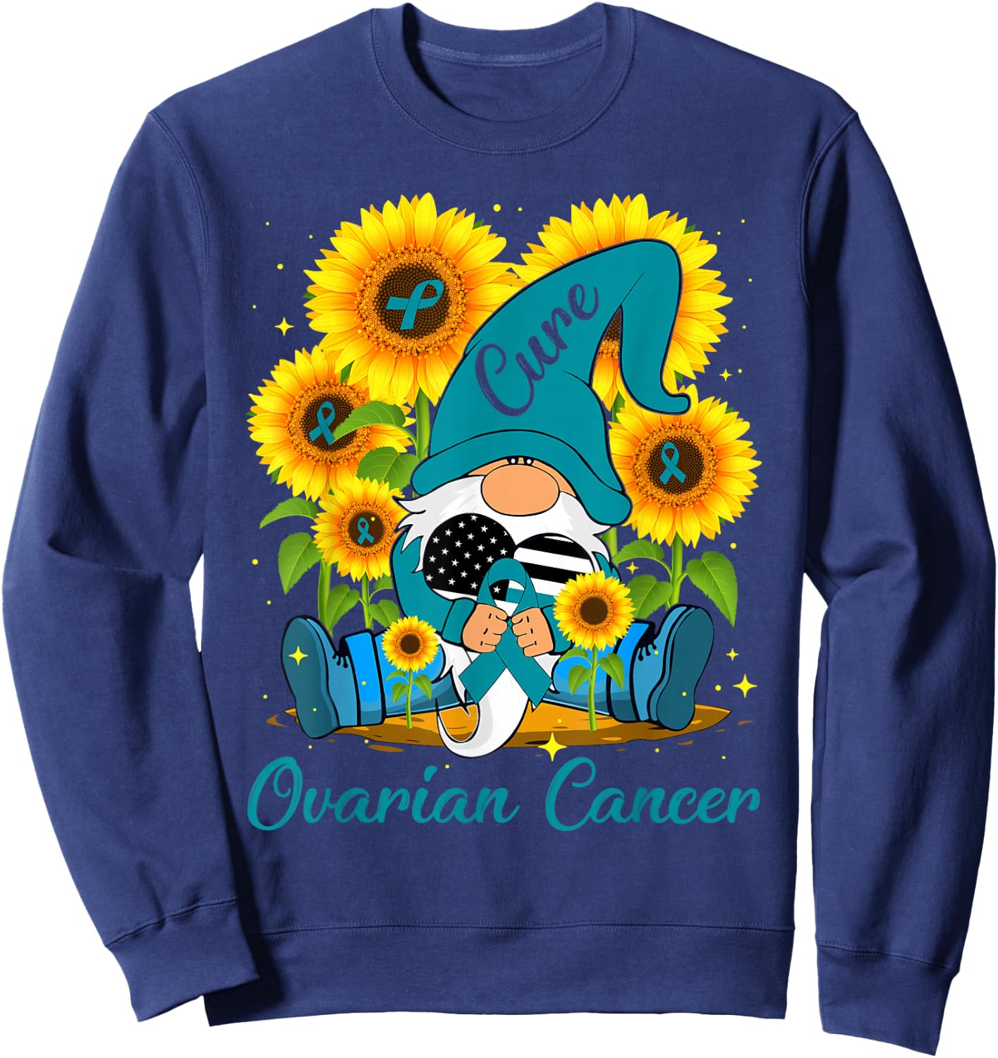 Cure Ovarian Cancer Awareness Day Fighter Gnome Teal Ribbon Sweatshirt - Sweatshirt | Navy