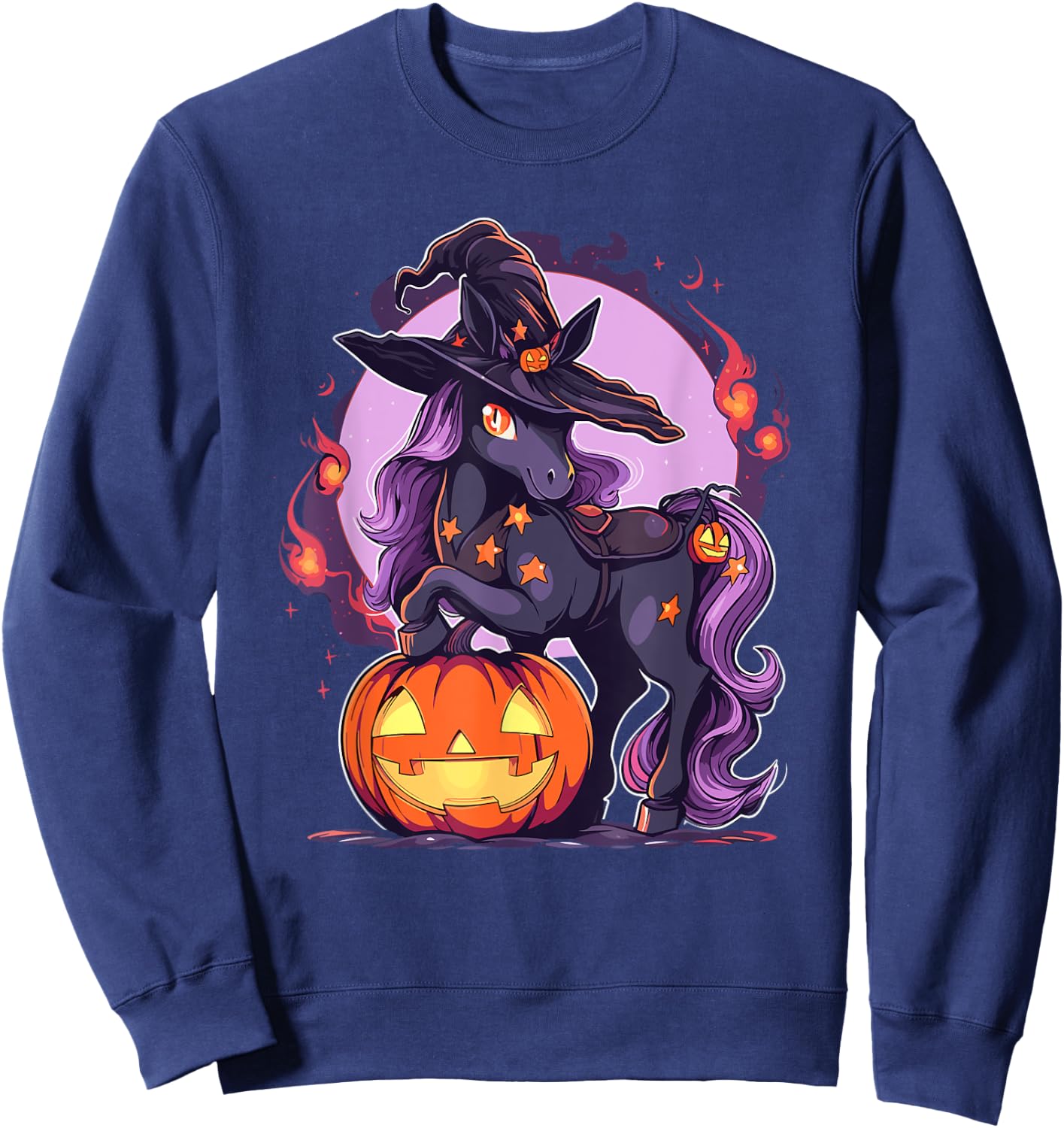 Halloween Horse Witch Hat Jack o Lantern Horse Rider Graphic Sweatshirt - Sweatshirt | Navy
