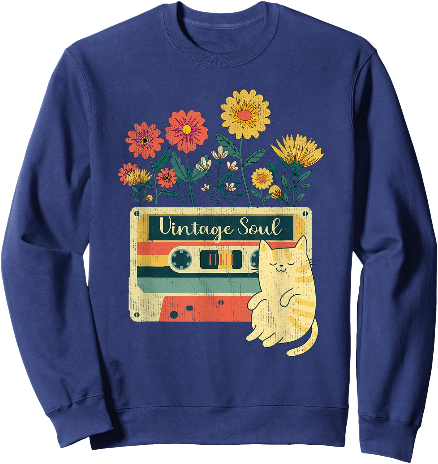 Vintage Cat Shirt - Retro Soul Flowers Wildflower Sweatshirt - Sweatshirt | Navy