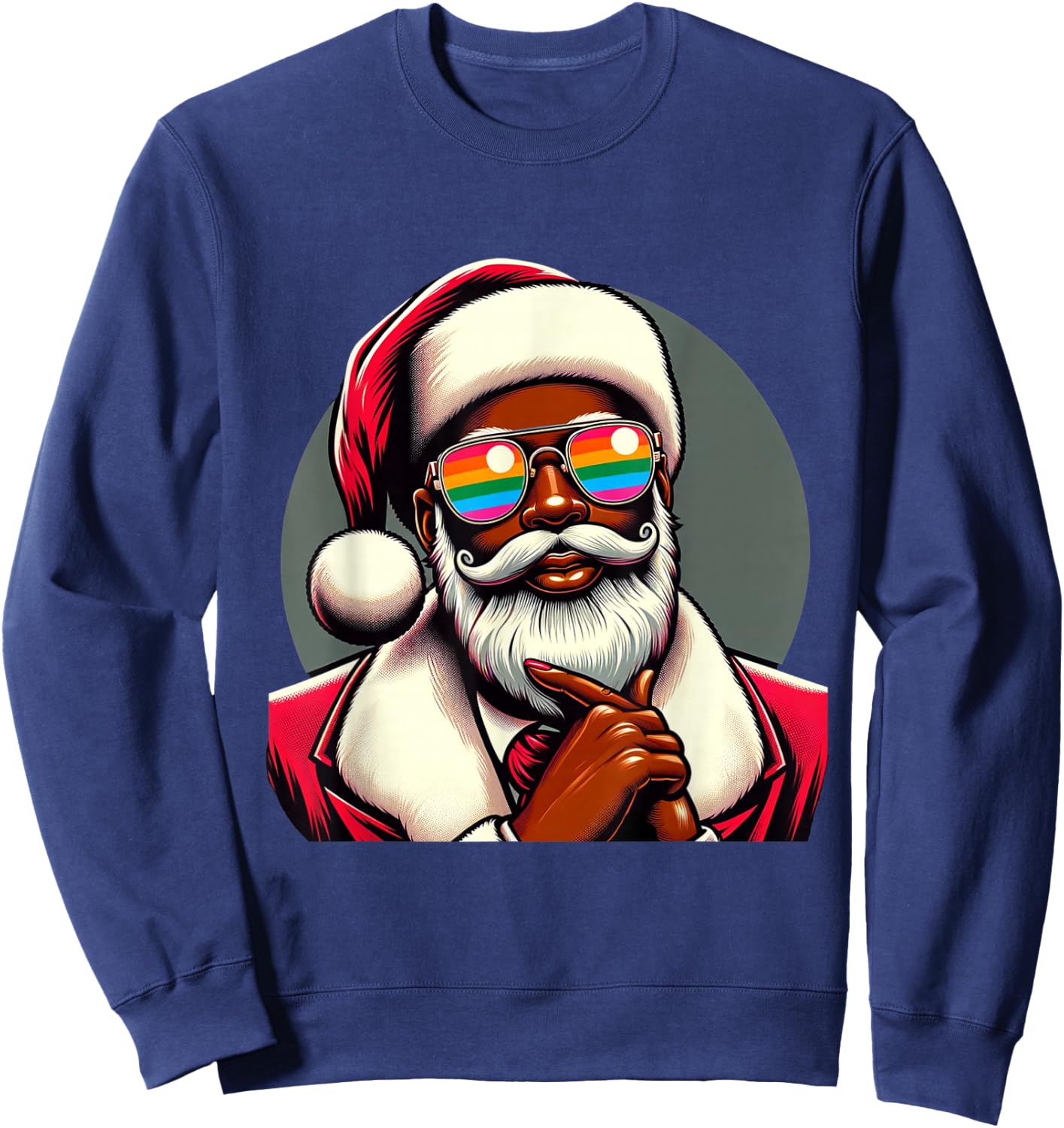 Retro Colored Santa Face Pride Rainbow Sunglasses Christmas Sweatshirt - Sweatshirt | Navy