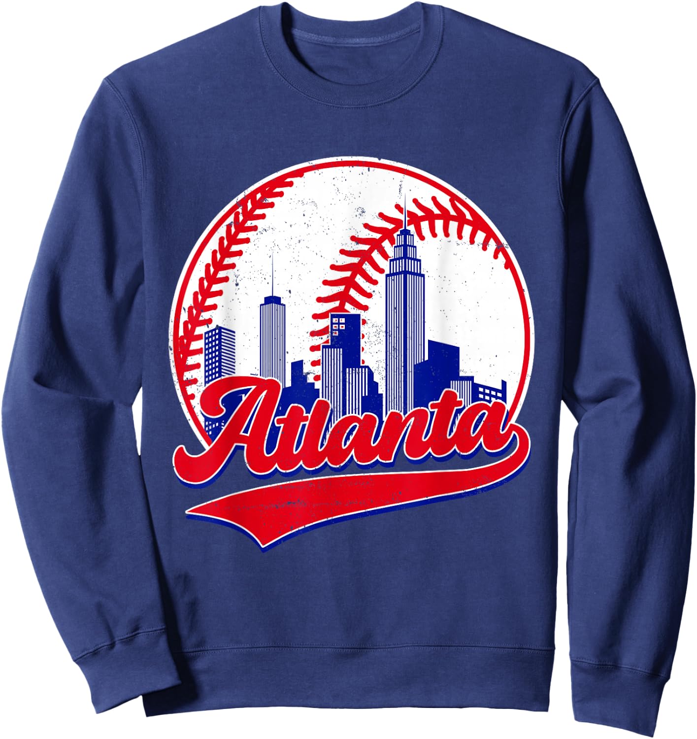 Retro Baseball Player Lover Atlanta Distressed Game Day Sweatshirt - Sweatshirt | Navy