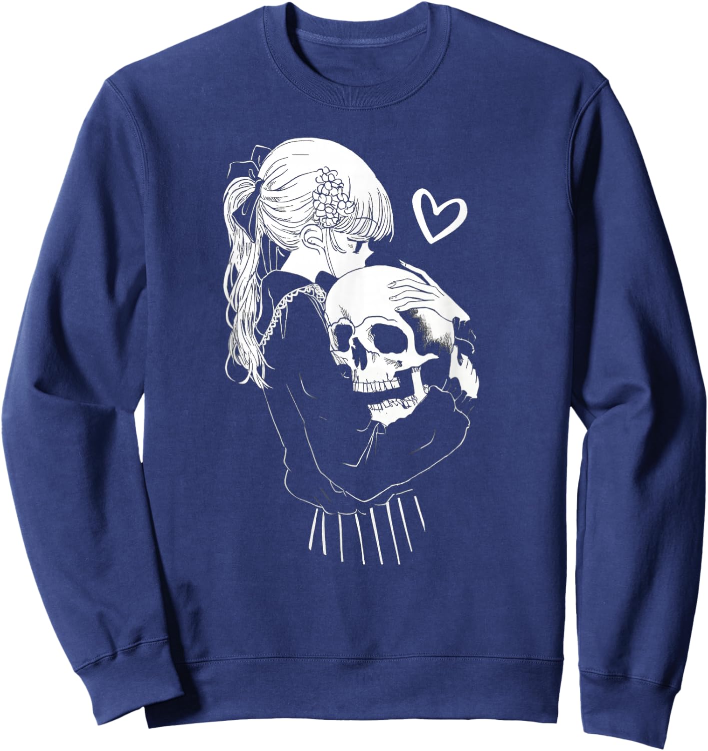 Creepy Cute Anime Schoolgirl Cuddles Skeleton Skull Dark Art Sweatshirt - Sweatshirt | Navy