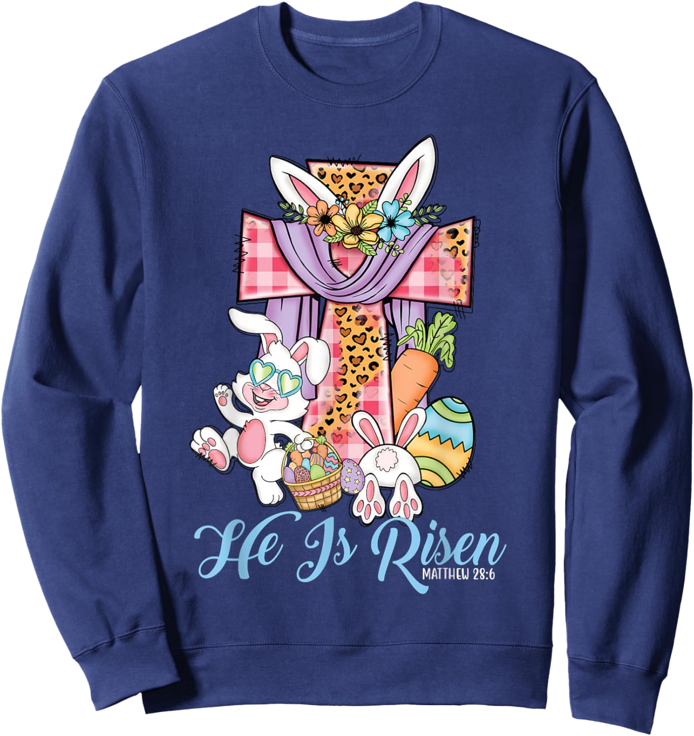 He is Risen Kids Leopard Cross Bunny Happy Easter Sweatshirt - Sweatshirt | Navy