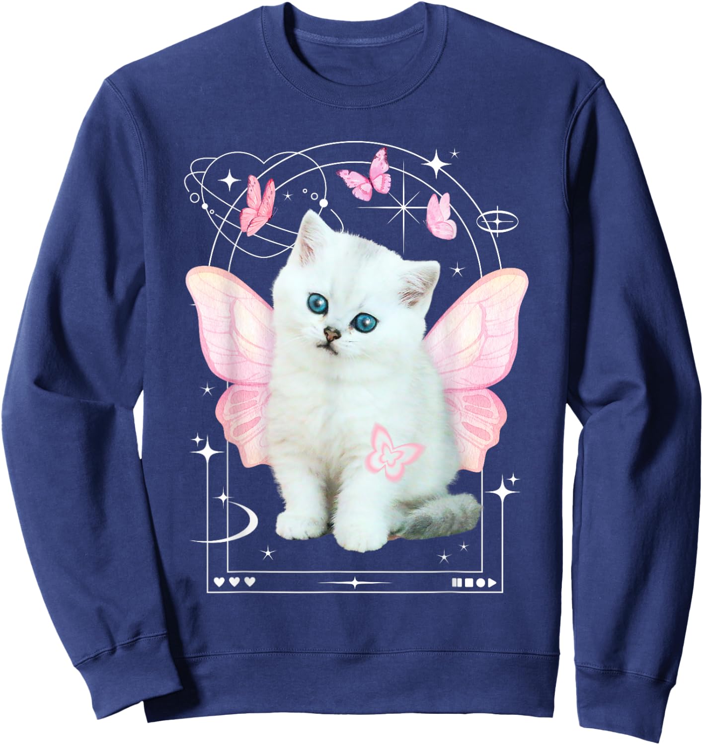 Cute y2k Aesthetic Cat Butterfly Fairy Cyber 2000s Graphic Sweatshirt - Sweatshirt | Navy
