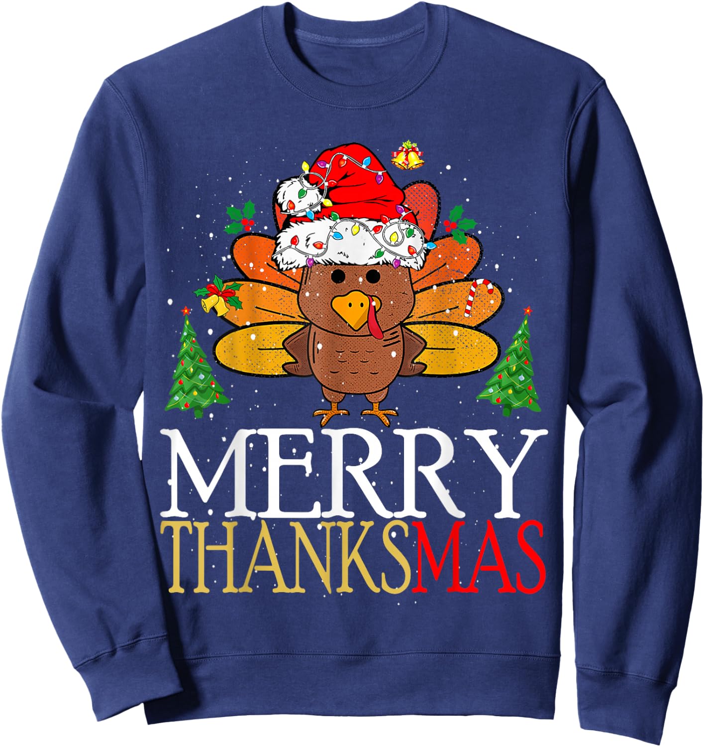Merry Thanksmas Happy Thanksgiving Santa Turkey Sweatshirt - Sweatshirt | Navy
