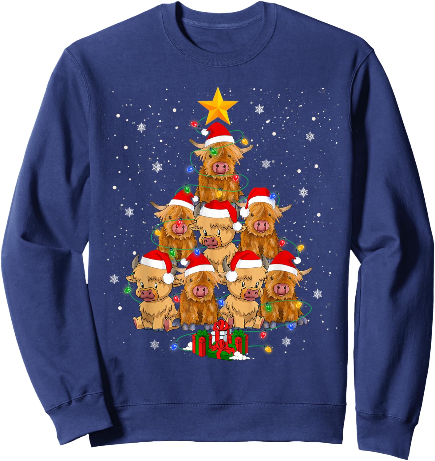 Scottish Highland Cow Christmas Tree Funny Cow Lover Xmas Sweatshirt - Sweatshirt | Navy