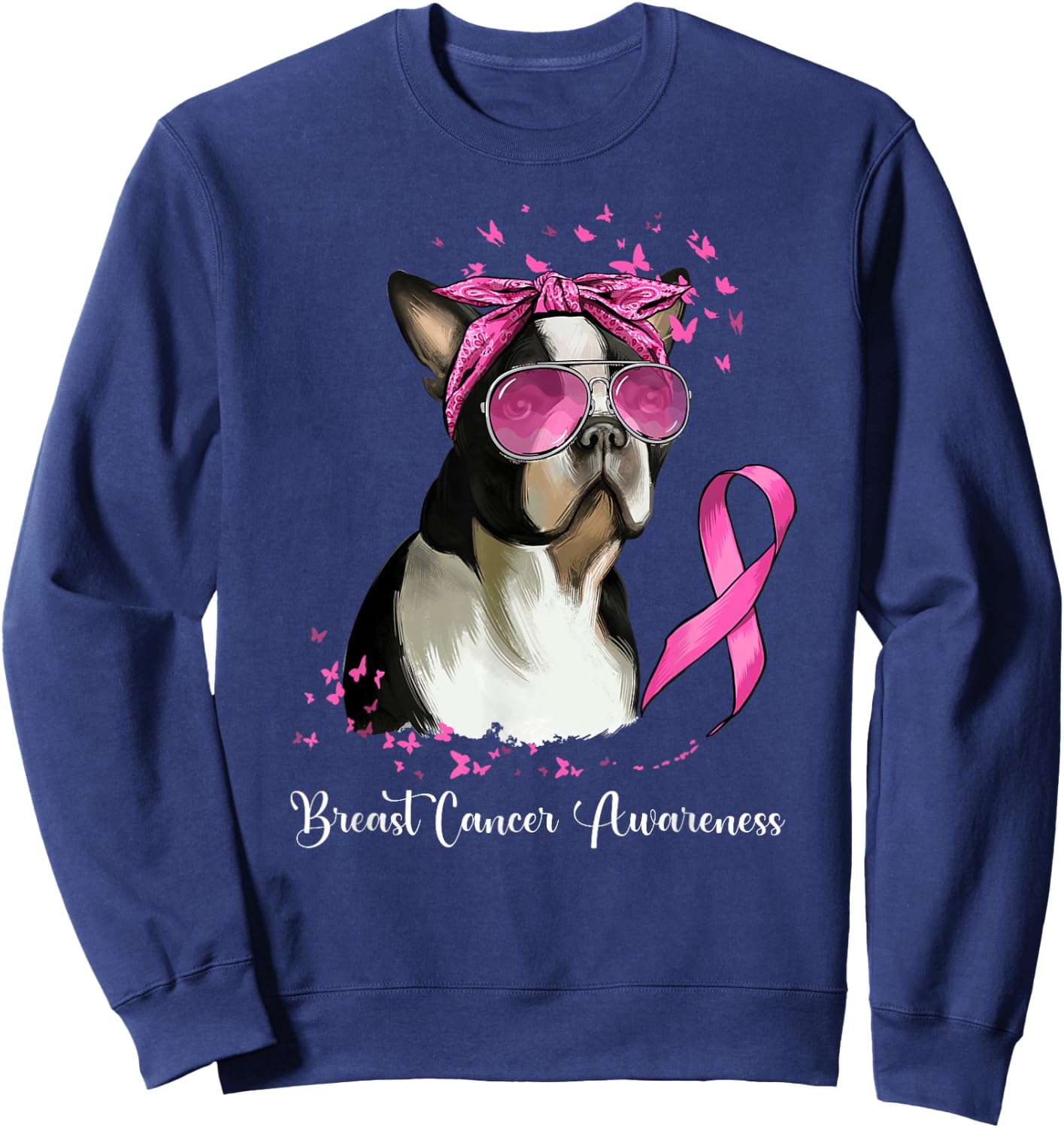 Boston Terrier Dog Lover Pink Ribbon Breast Cancer Awareness Sweatshirt - Sweatshirt | Navy