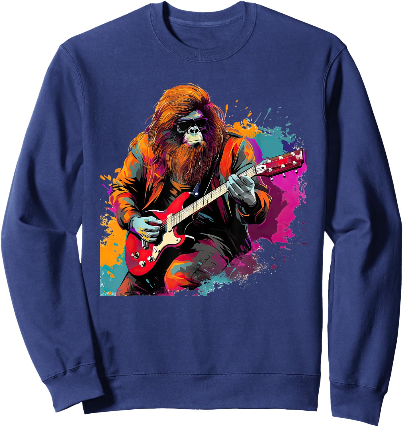 Bigfoot Guitarist Sasquatch Musician Colorful Rock Star Sweatshirt - Sweatshirt | Navy
