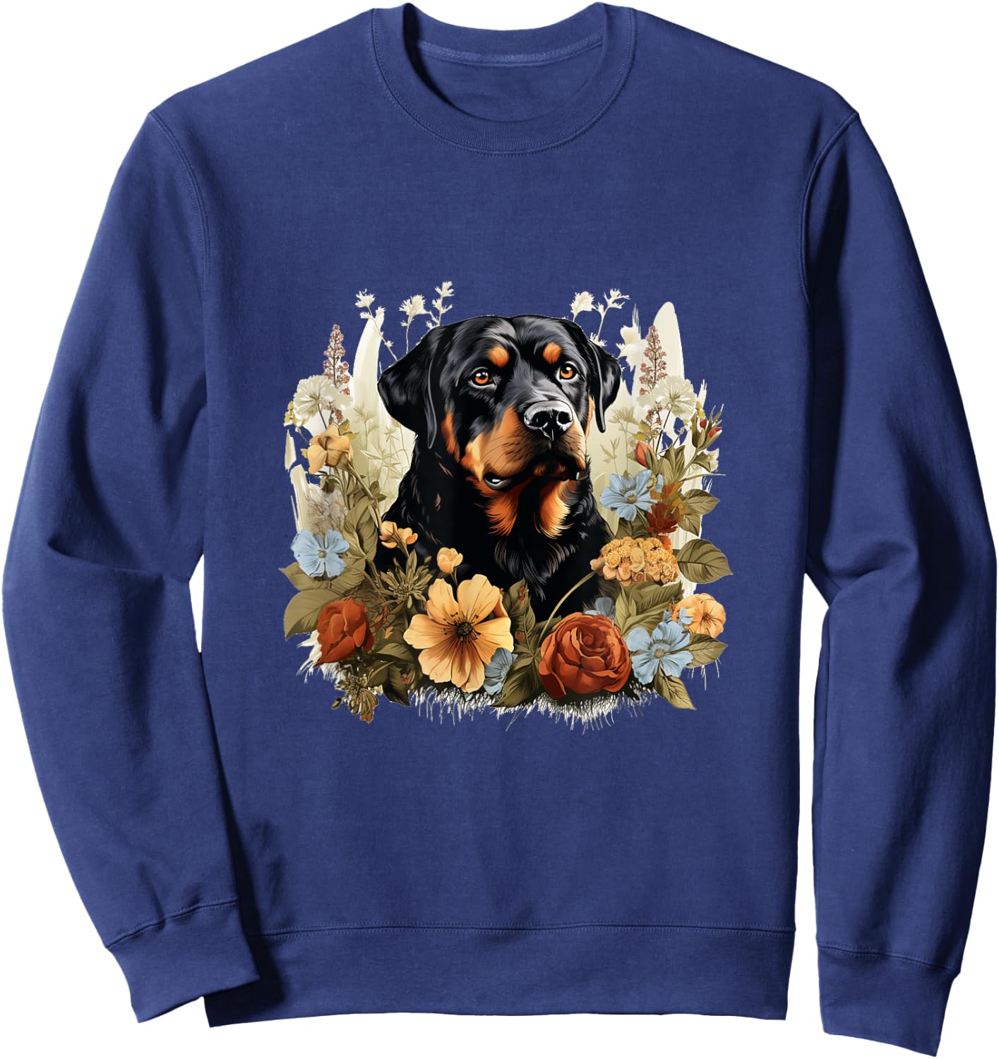 Rottweiler Dog With Flowers Vintage Pastel Floral Border Men Women Kids Sweatshirt - Sweatshirt | Navy