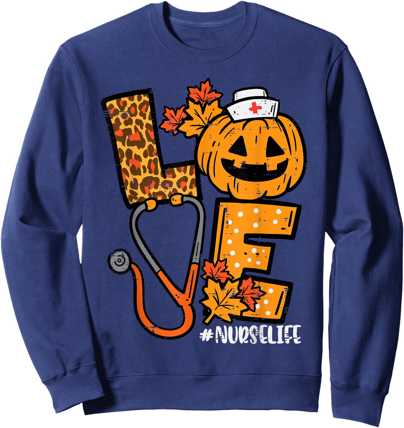 Leopard Pumpkin Nurse Halloween Costume Fall Scrub Top Women Sweatshirt - Sweatshirt | Navy