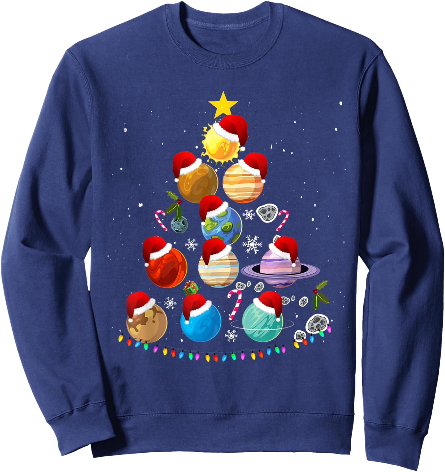 Funny Solar System Space Planets Tree Christmas Pajama Xmas Sweatshirt - Sweatshirt | Navy