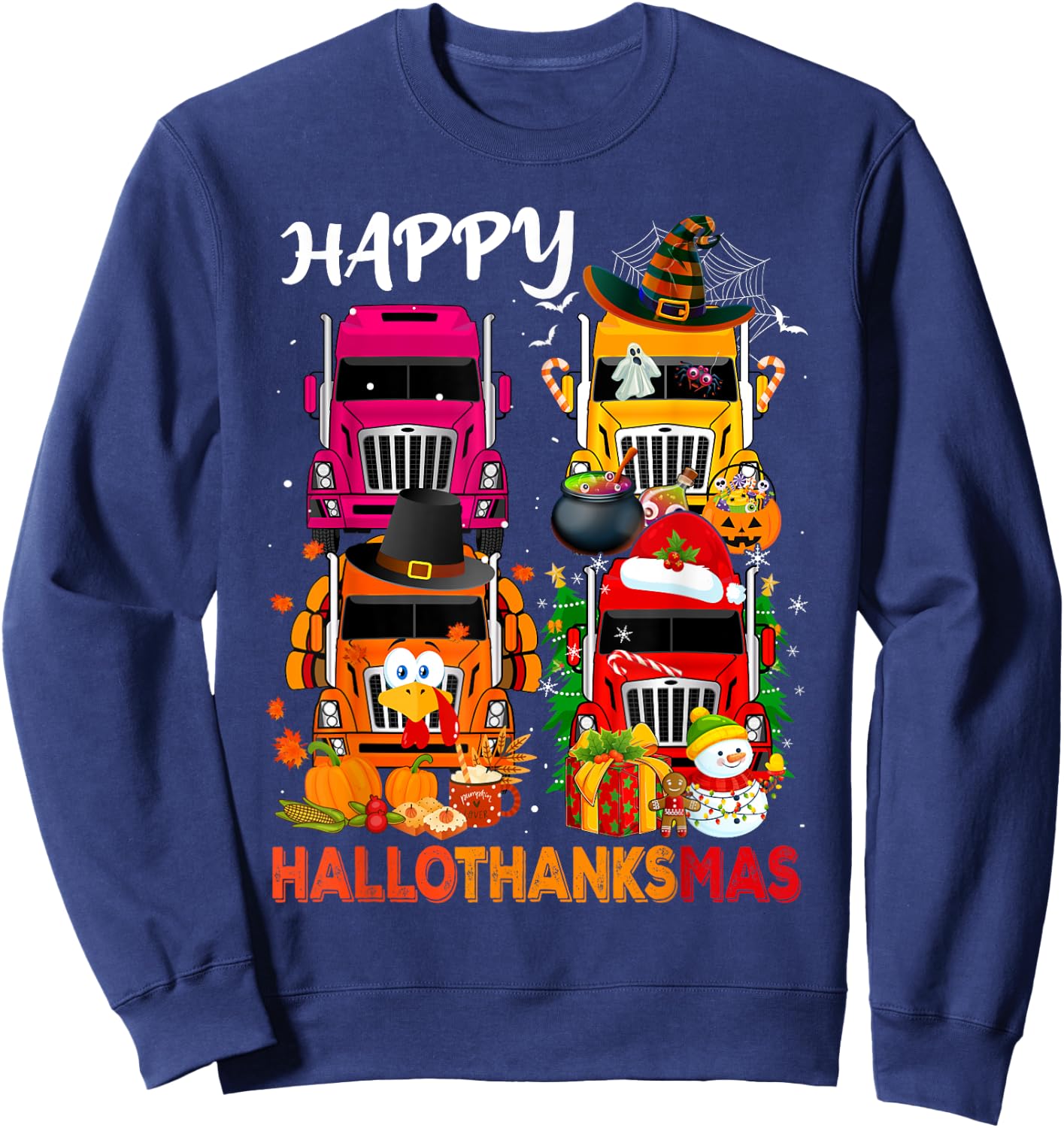 Witch Turkey Santa Trucks Truckers Happy HalloThanksMas Men Sweatshirt - Sweatshirt | Navy
