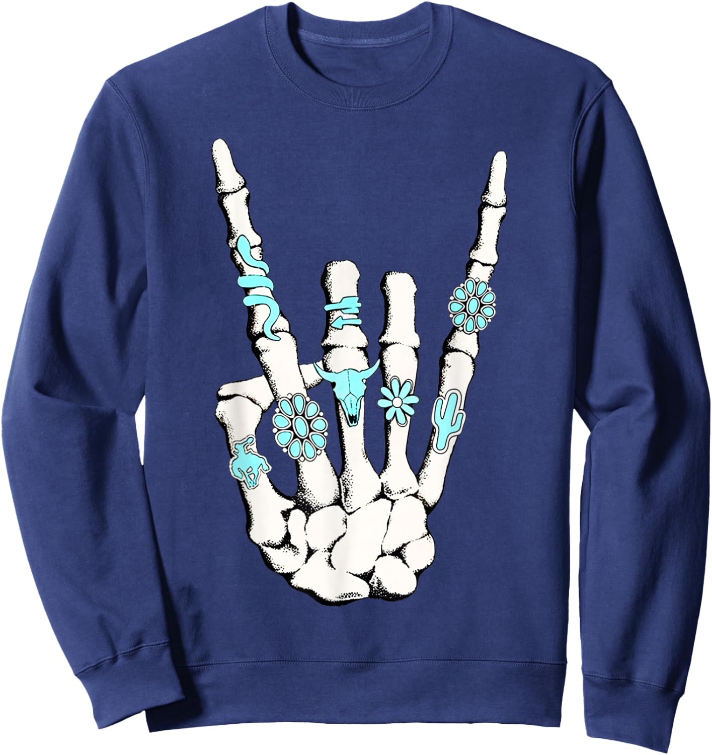 Skeleton with Turquoise Hand Western Skeleton Rings Lover Sweatshirt - Sweatshirt | Navy