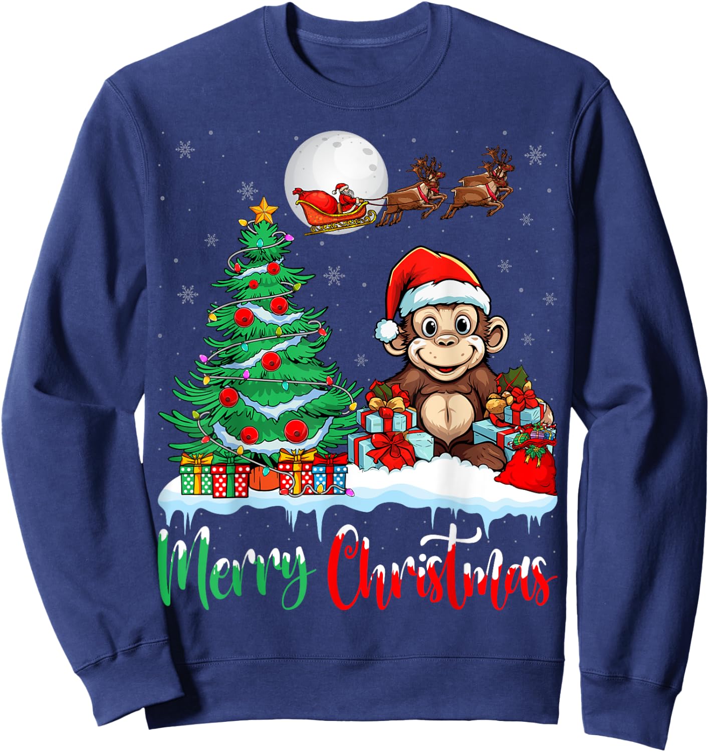 Monkey Santa Hat Xmas Lights Merry Christmas Monkey Sweatshirt - Sweatshirt | Navy