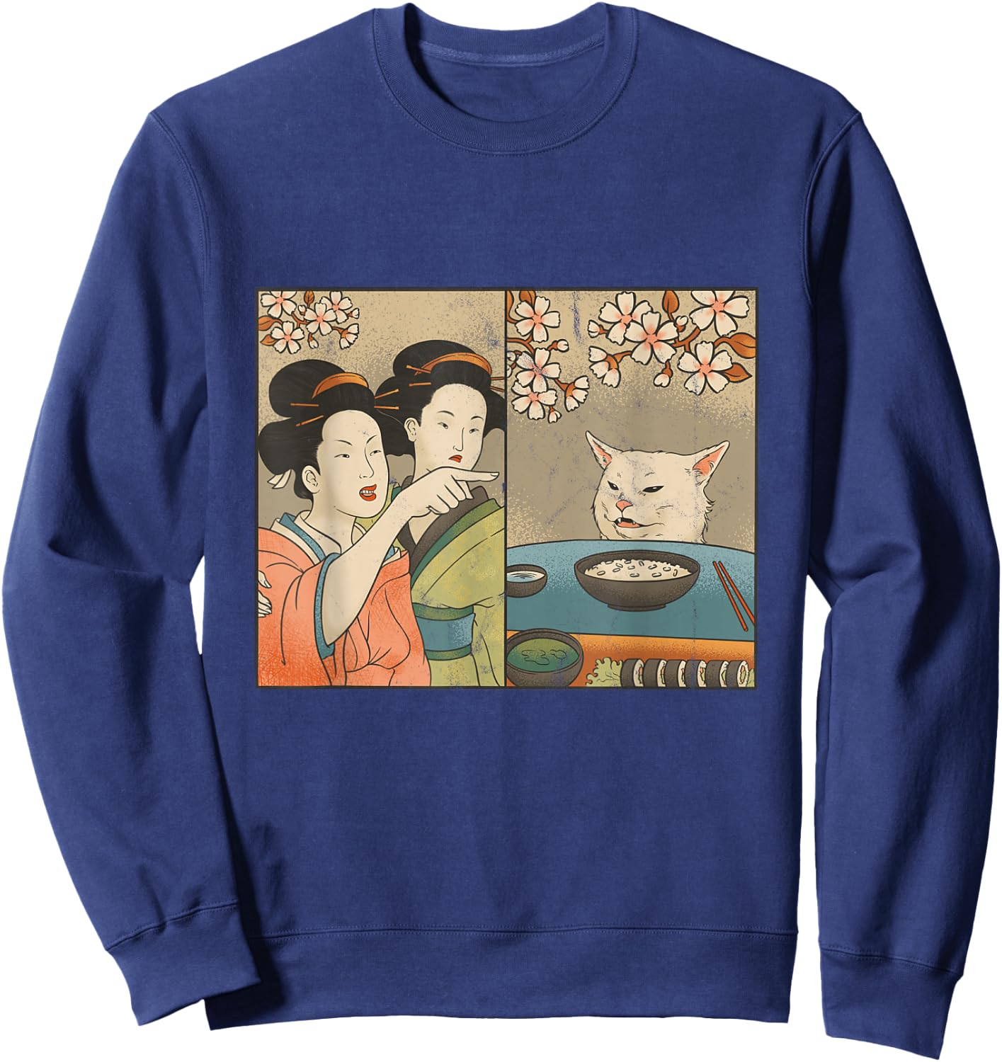 Japanese Art Cherry Blossom Cat and Sushi Sweatshirt - Sweatshirt | Navy