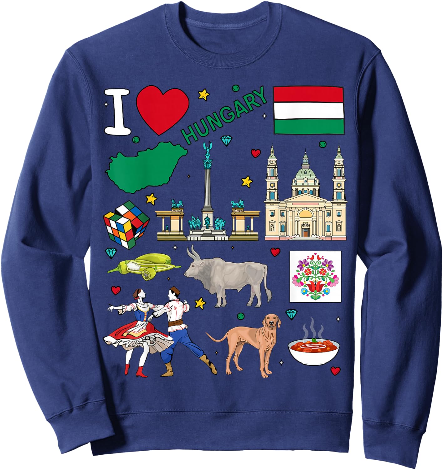 I love Hungary. Hand drawn Hungarian Landmarks, flag and map Sweatshirt - Sweatshirt | Navy
