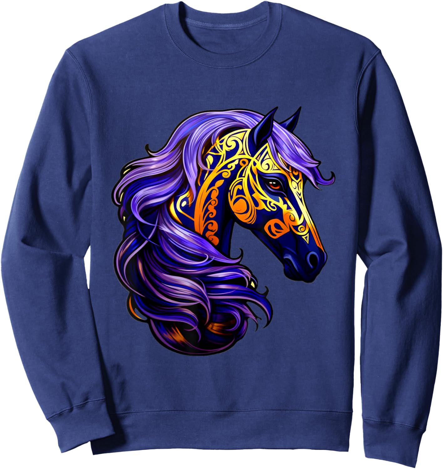 Purple Gold Black Horse Fantasy Swirl Wave Pattern Design Sweatshirt - Sweatshirt | Navy