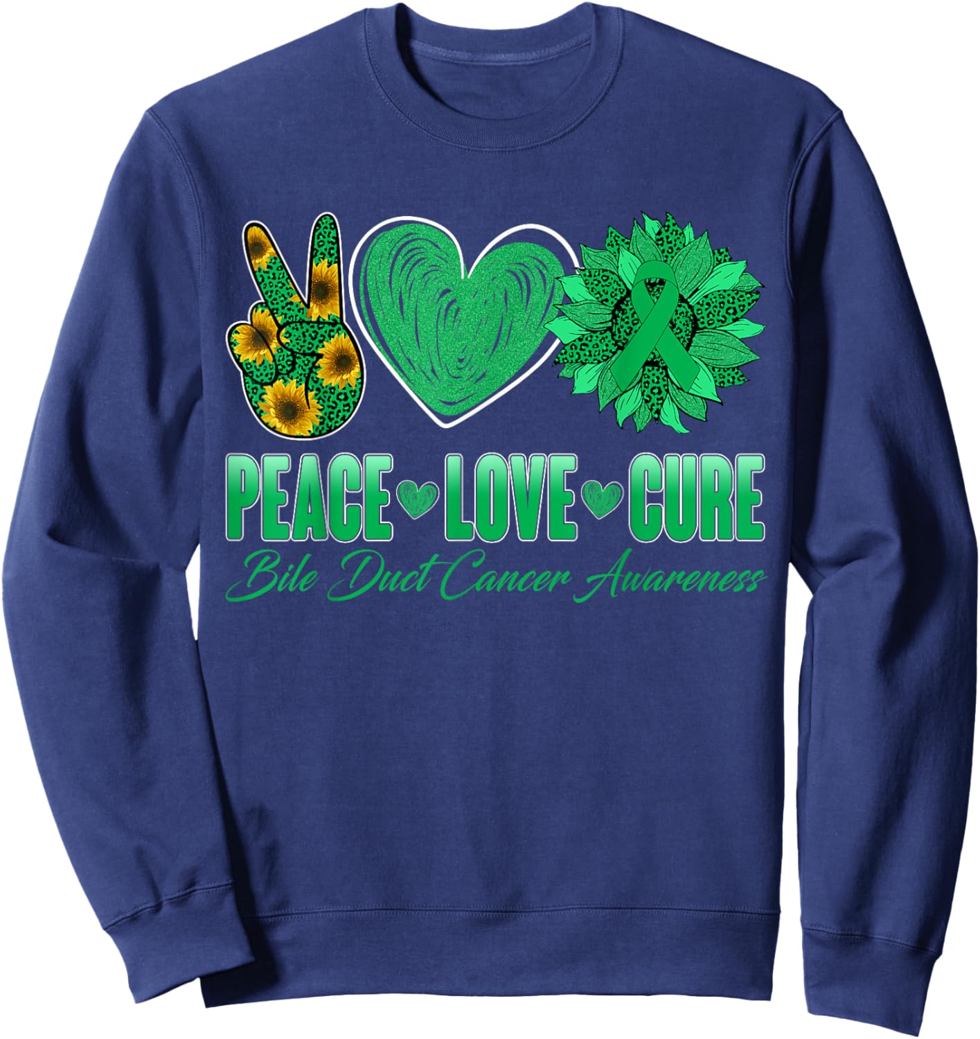 Peace Love Cure Sunflower Bile Duct Cancer Awareness Warrior Sweatshirt - Sweatshirt | Navy