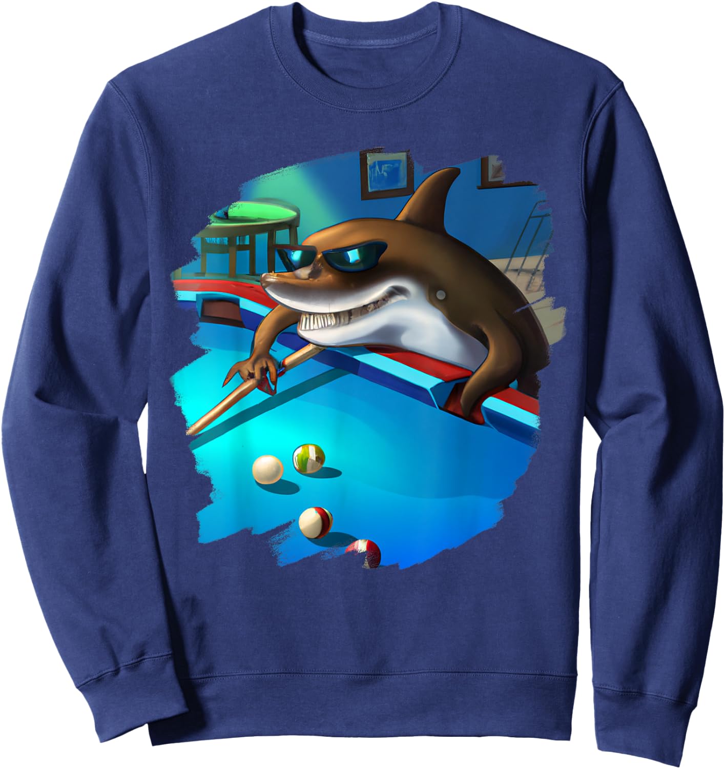 Cool Shark Playing Pool Billiards in Lounge Funny Sharks Sweatshirt - Sweatshirt | Navy