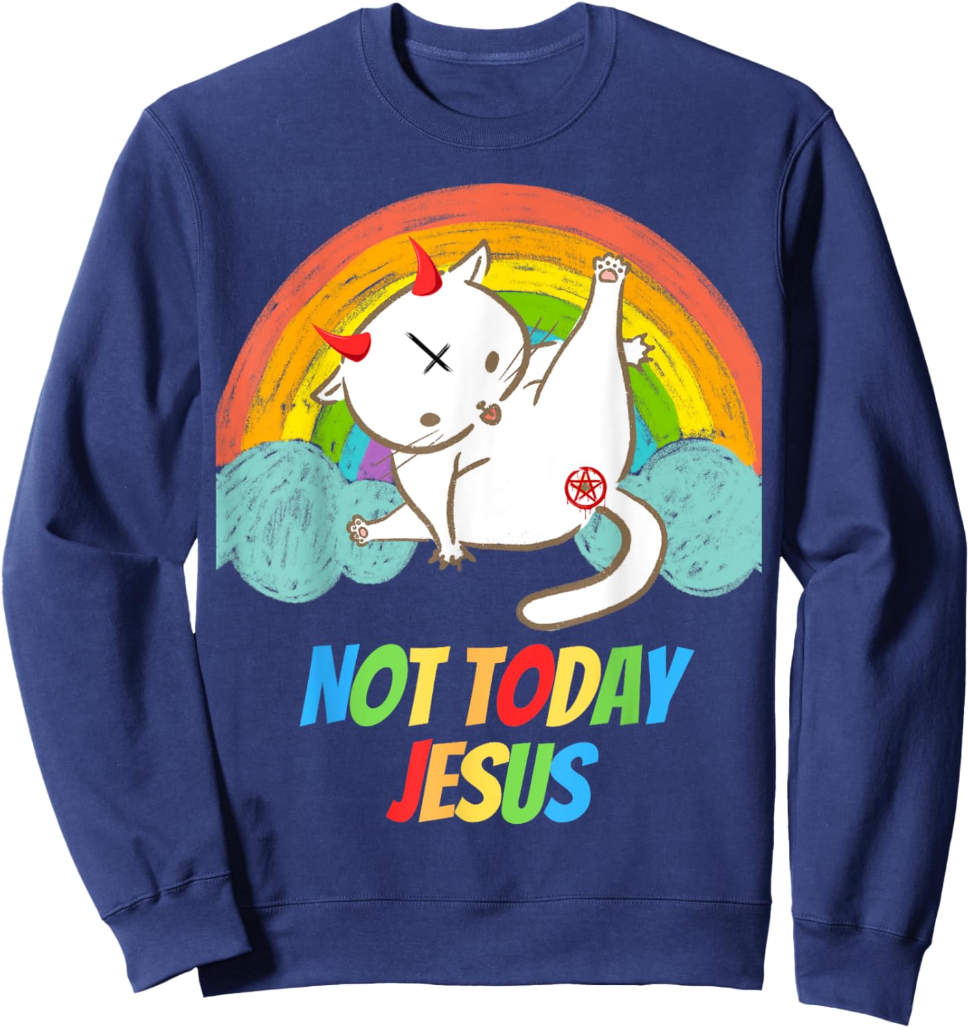 Lucifer Cat Pentagram Goat Satanist Atheist Symbol Today Not Jesus Devil Worship Funny Satanic Hail Satan Black Sweatshirt - Sweatshirt | Navy
