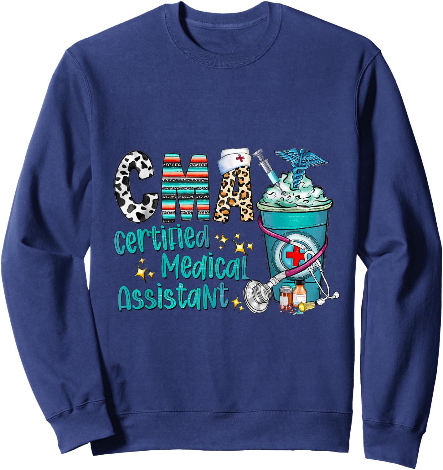 Certified Medical Assistant CMA Leopard Cowhide Coffee Cup Sweatshirt - Sweatshirt | Navy