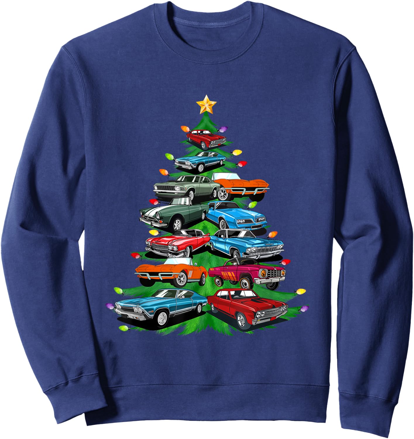 Car Madness Christmas Tree -Classic Muscle Cars and Hotrods Sweatshirt - Sweatshirt | Navy