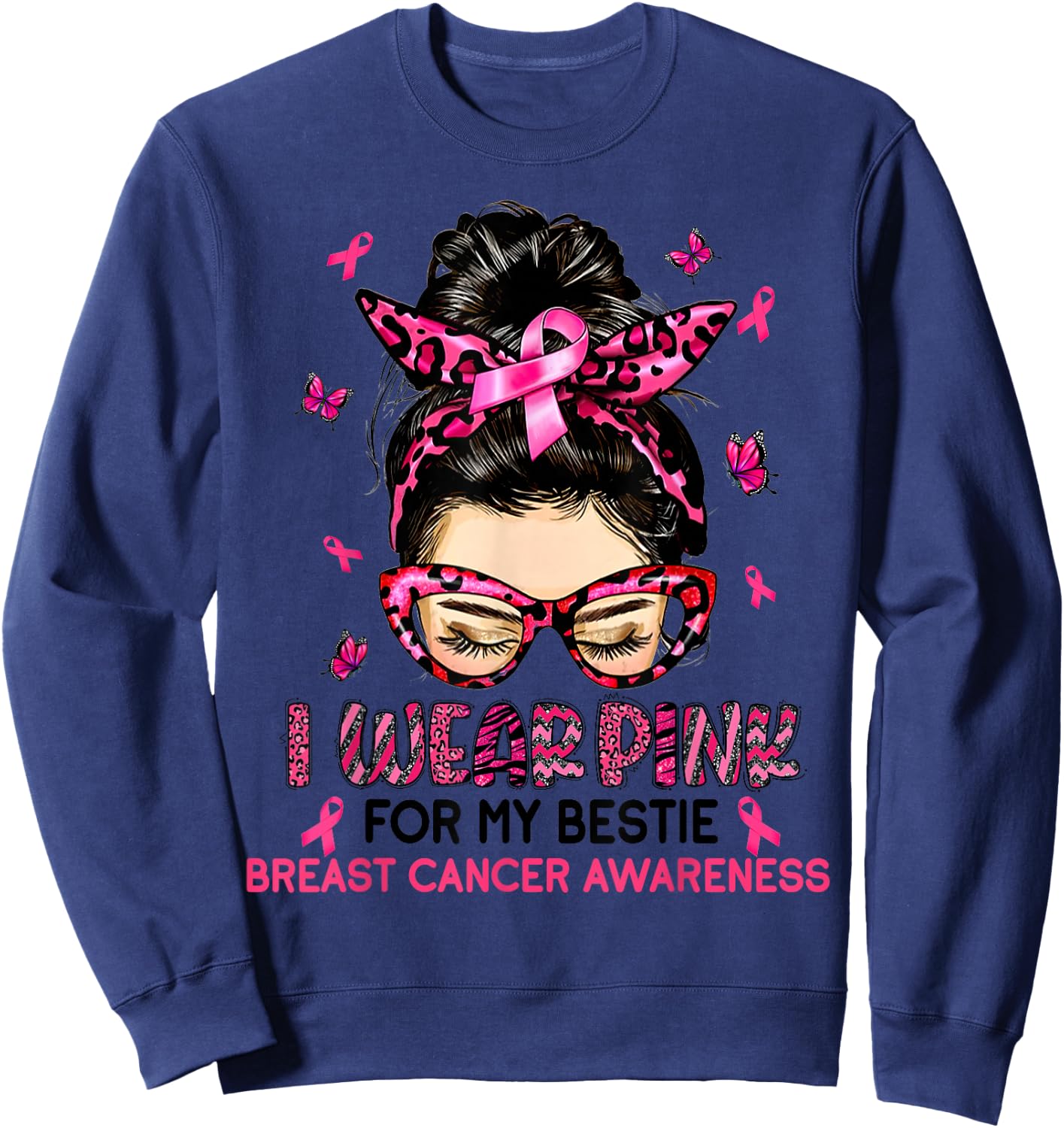 I Wear Pink For My Bestie Breast Cancer Awareness Leopard Sweatshirt - Sweatshirt | Navy