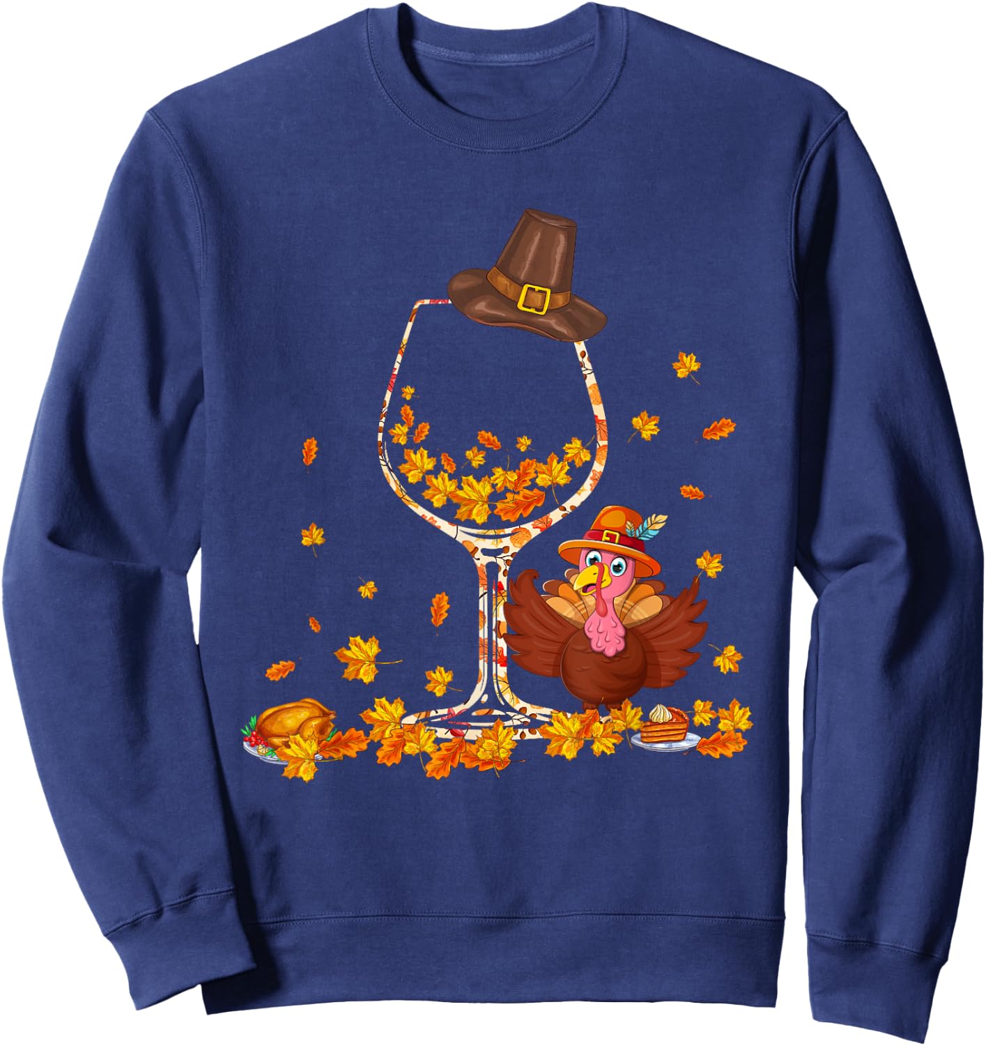 Fall Leaves Floral As Wine Glasses Shape Thanksgiving Turkey Sweatshirt - Sweatshirt | Navy