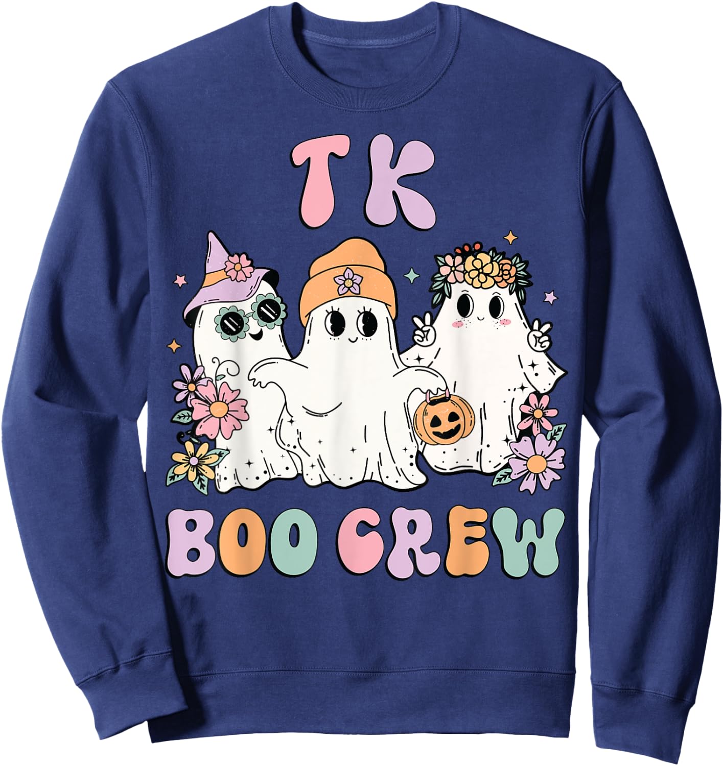TK Boo Crew Retro Groovy Halloween Floral Ghost TK Teacher Sweatshirt - Sweatshirt | Navy