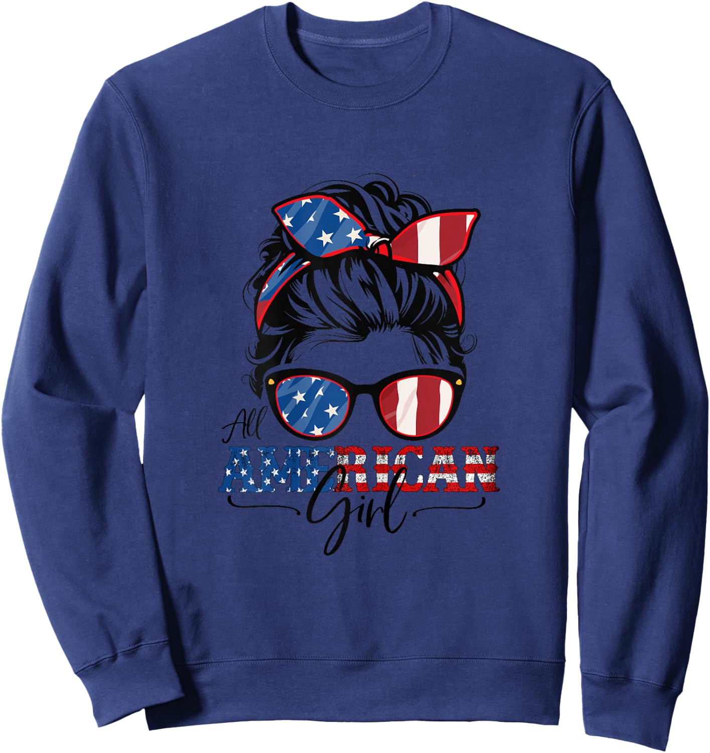 All American Girl 4th of July Women Messy Bun USA Flag Sweatshirt - Sweatshirt | Navy