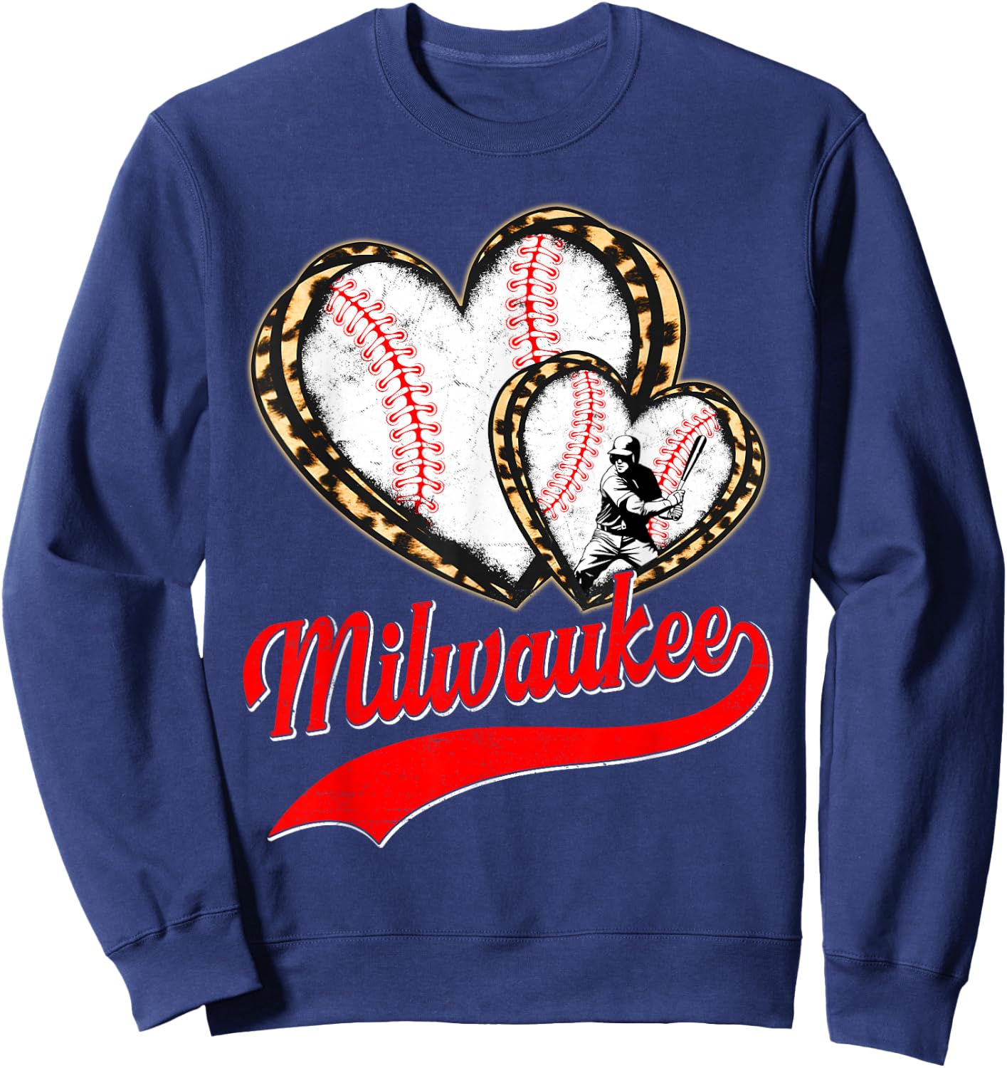 Vintage Milwaukee Baseball Leopard Heart Baseball Fans Sweatshirt - Sweatshirt | Navy