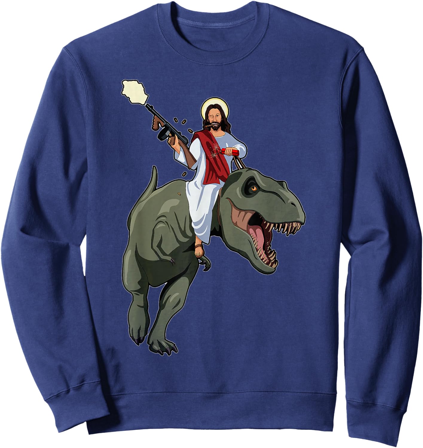 Gun Jesus Riding A T-rex Dinosaur Funny Christian Dino Lover Sweatshirt - Sweatshirt | Navy