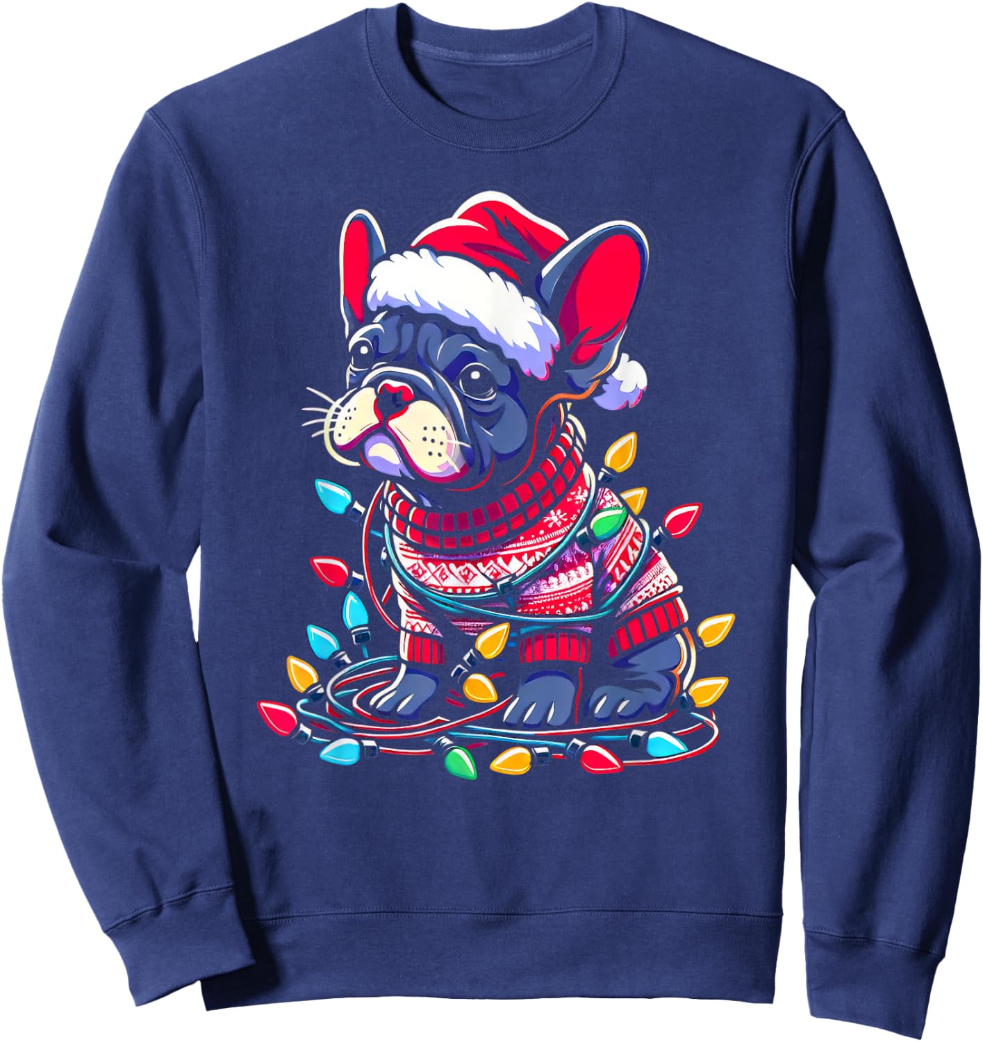 Funny Frenchie Tree Xmas Lights Pajama Sweatshirt - Sweatshirt | Navy