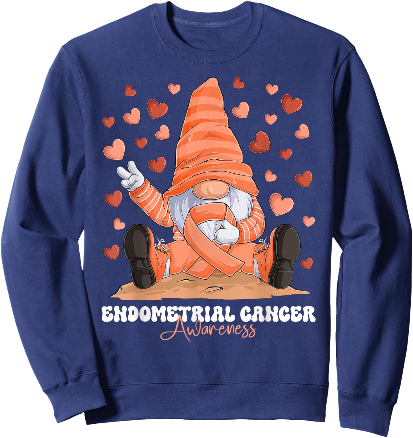 Endometrial Cancer Awareness Month Peach Ribbon Gnome Sweatshirt - Sweatshirt | Navy