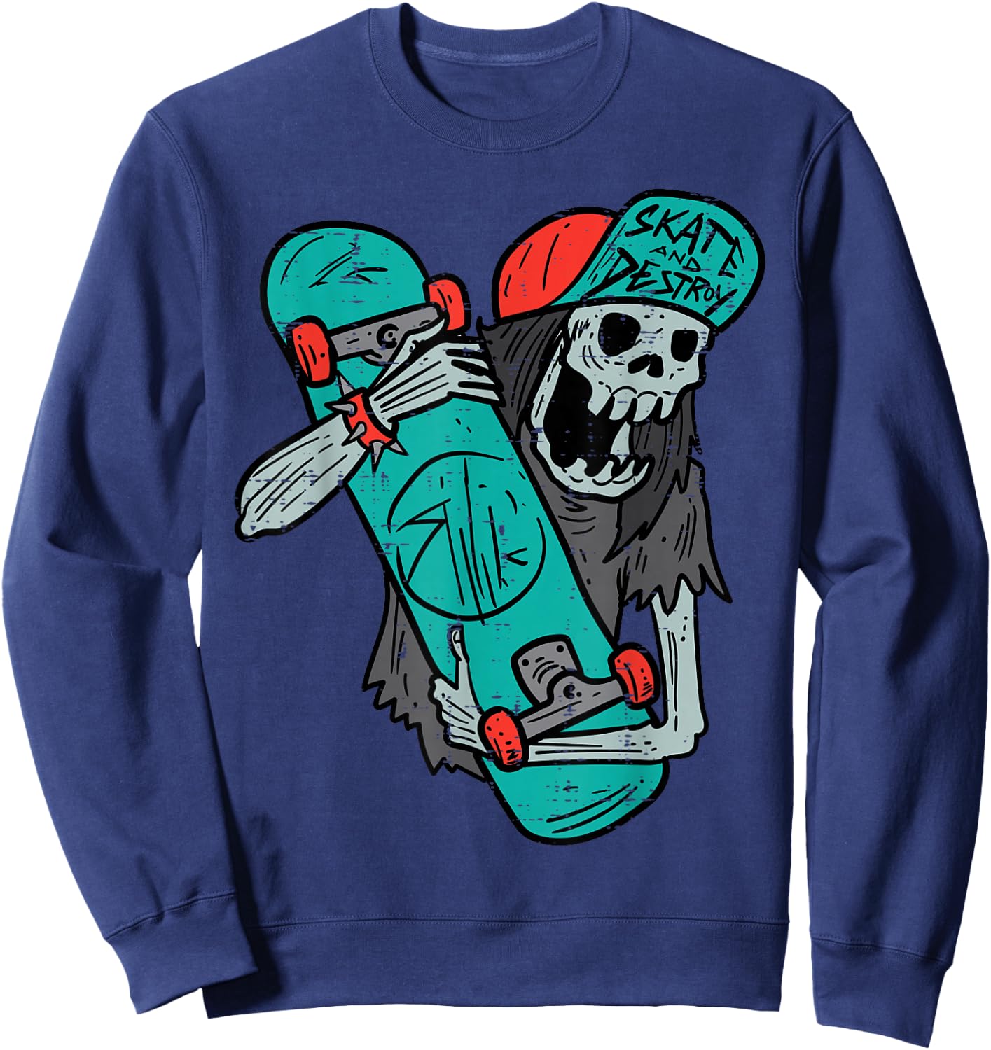 Skater Skeleton Retro VIntage Skateboard Halloween Boys Sweatshirt - Sweatshirt | Navy