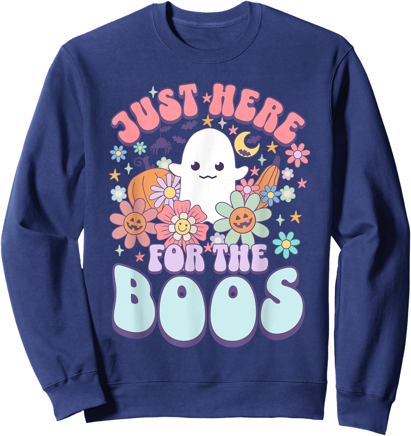 Just Here For The Boos Funny Halloween Cute Ghost Graphic Sweatshirt - Sweatshirt | Navy