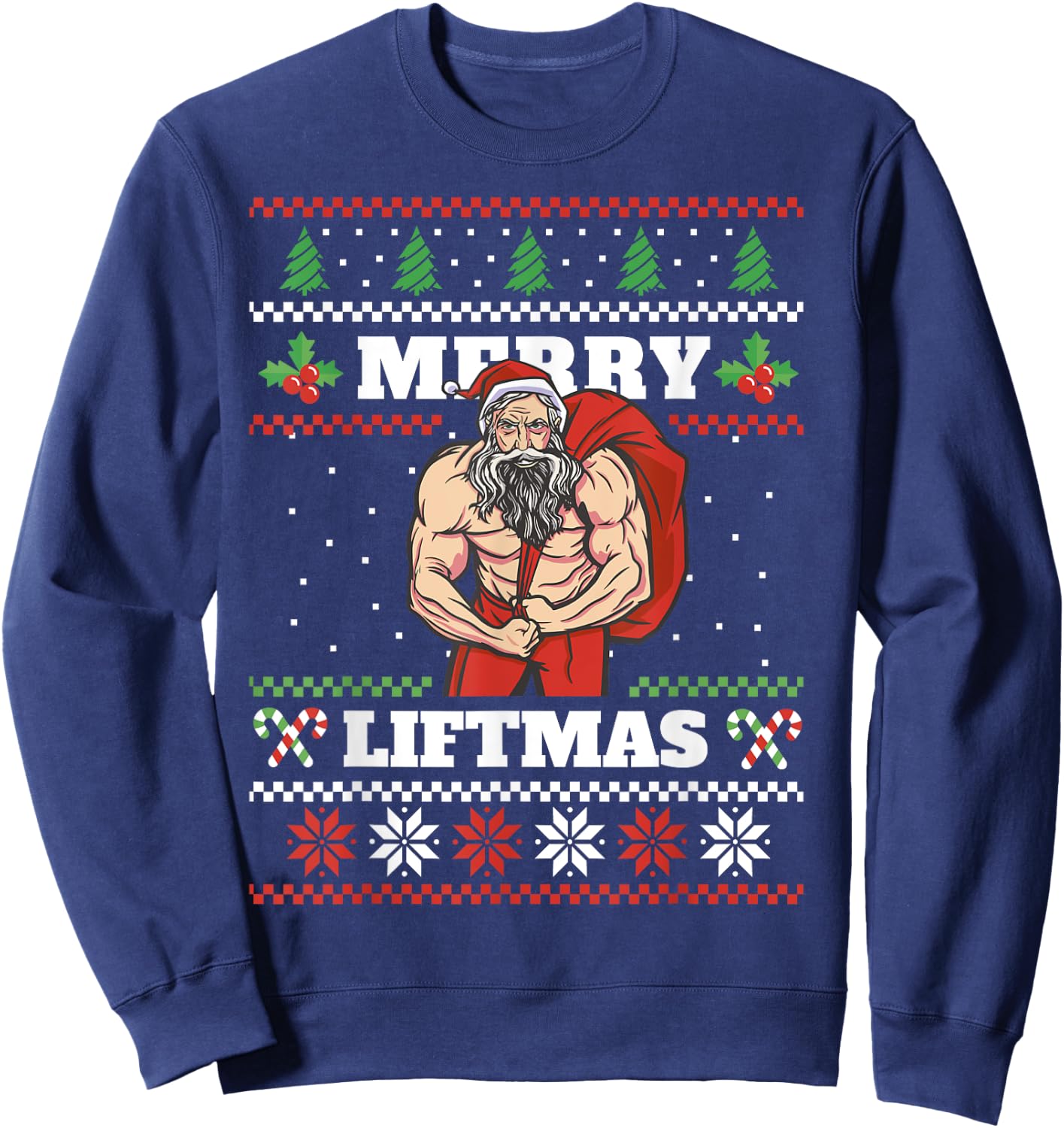 Funny Muscle Santa Lifting Christmas Ugly Christmas Sweatshirt - Sweatshirt | Navy