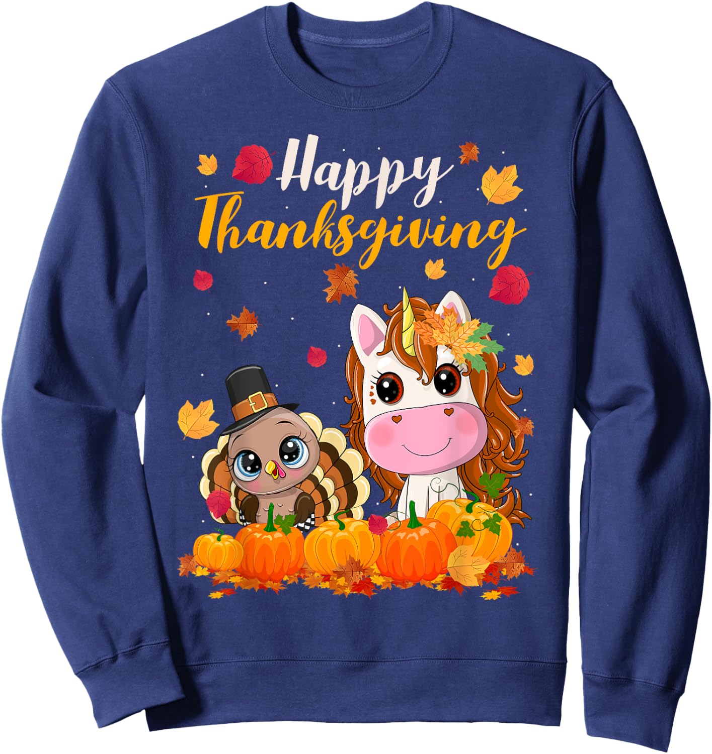 Cute Unicorn Turkey Pilgrim Thanksgiving Fall Little Girls Sweatshirt - Sweatshirt | Navy