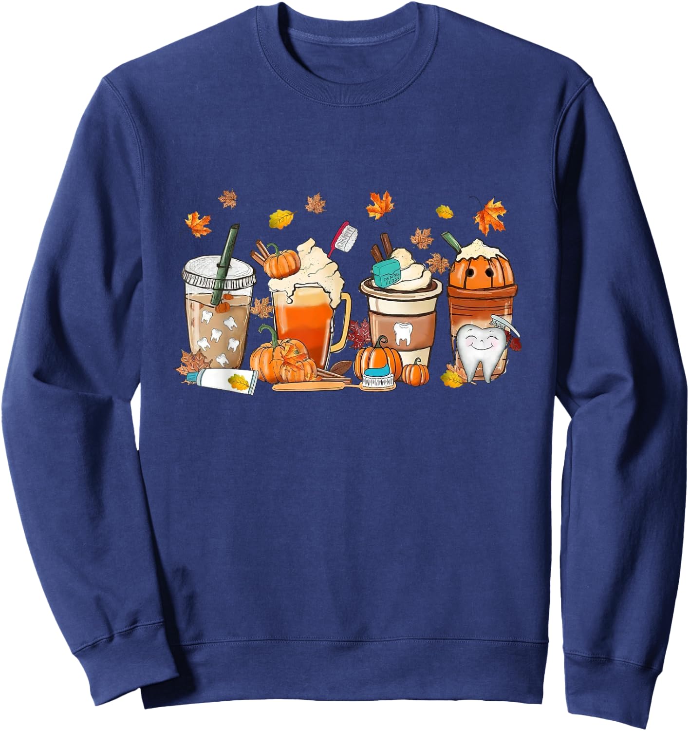 Retro Fall Coffee Dentist Tooth Thankful Dental Hygienist Sweatshirt - Sweatshirt | Navy